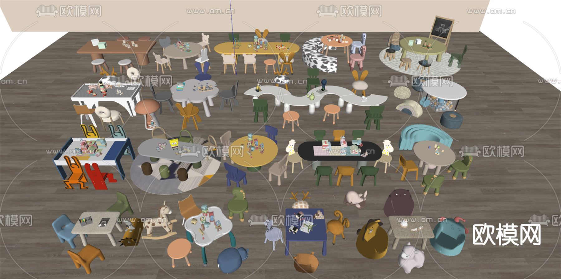 现代儿童桌椅 儿童座椅su模型下载（渲染图1）