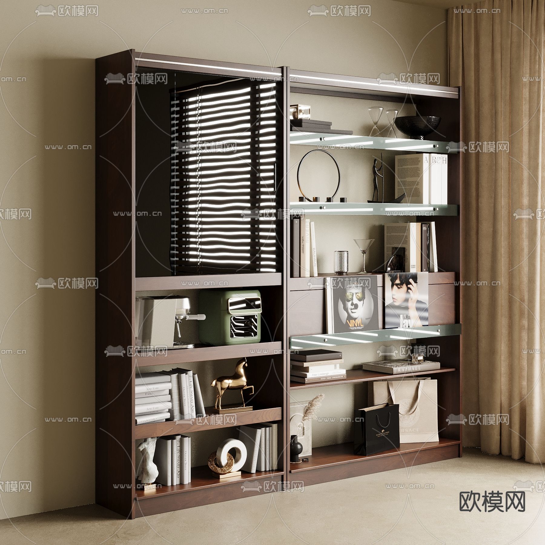 现代胡桃木书柜 书架su模型下载（渲染图3）