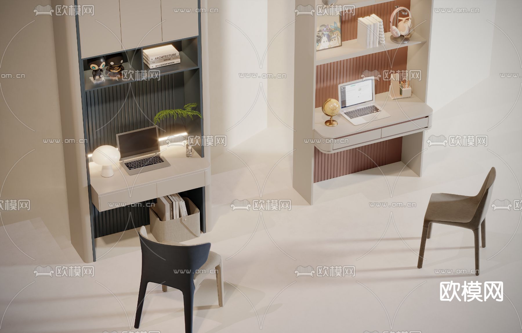 儿童书桌 写字台 学习桌 一体3d模型下载（渲染图4）