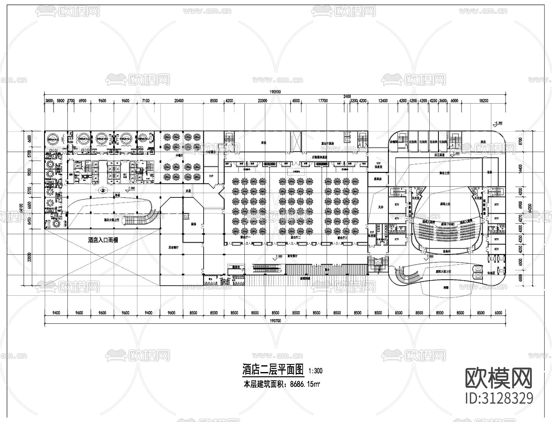 宴会厅 酒店cad平面图下载（渲染图1）