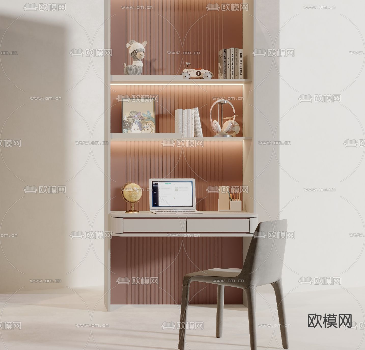 儿童书桌 写字台 学习桌 一体3d模型下载（渲染图3）