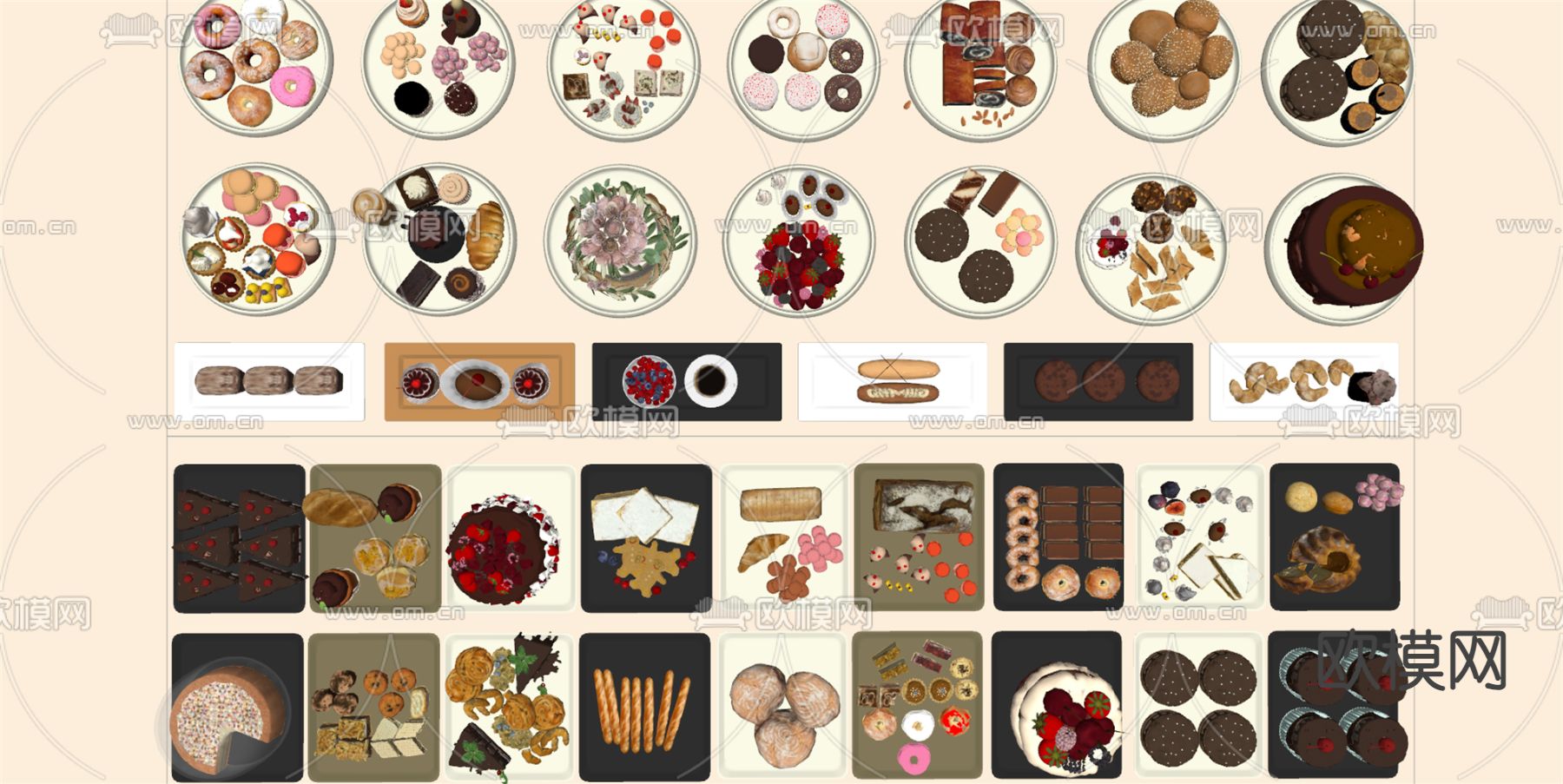 甜品 茶点 点心 面包 水果餐具su模型下载（渲染图1）