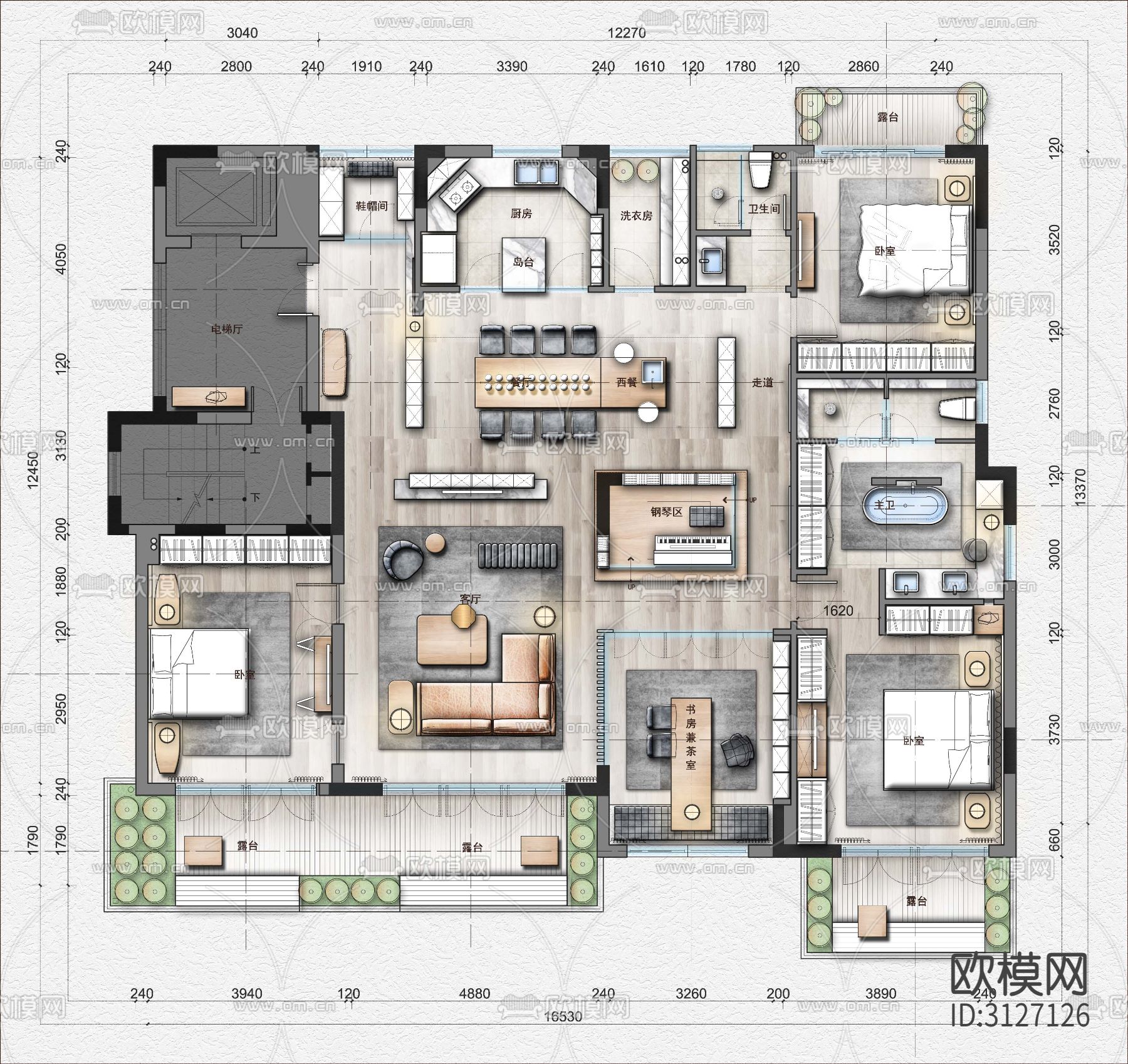 大平层  家居住宅cad平面图下载（渲染图2）