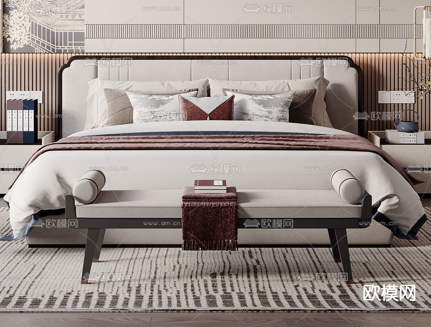 新中式双人床su模型下载（渲染图2）