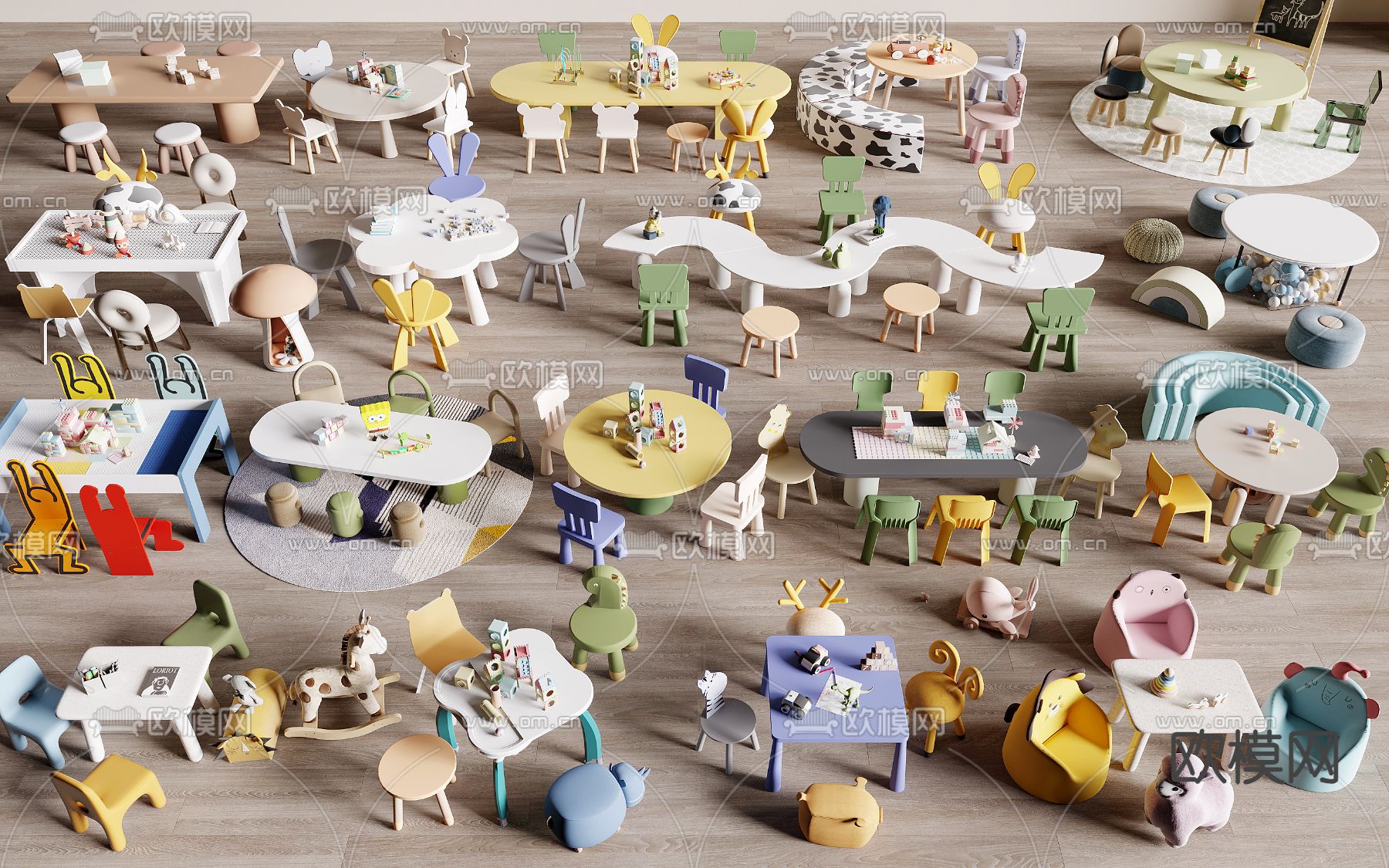 现代儿童桌椅 儿童座椅su模型下载（渲染图2）