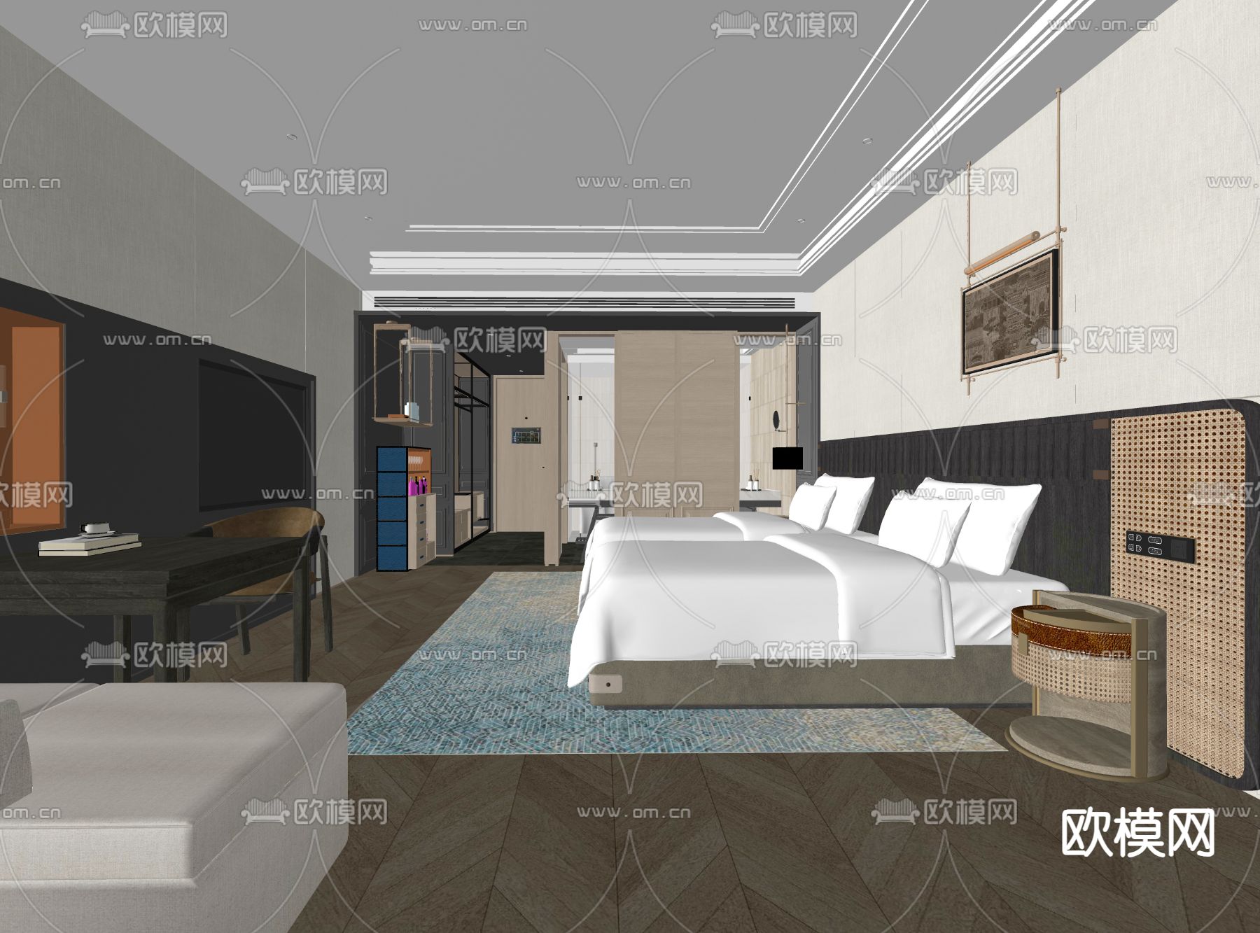 美式酒店客房su模型下载（渲染图1）