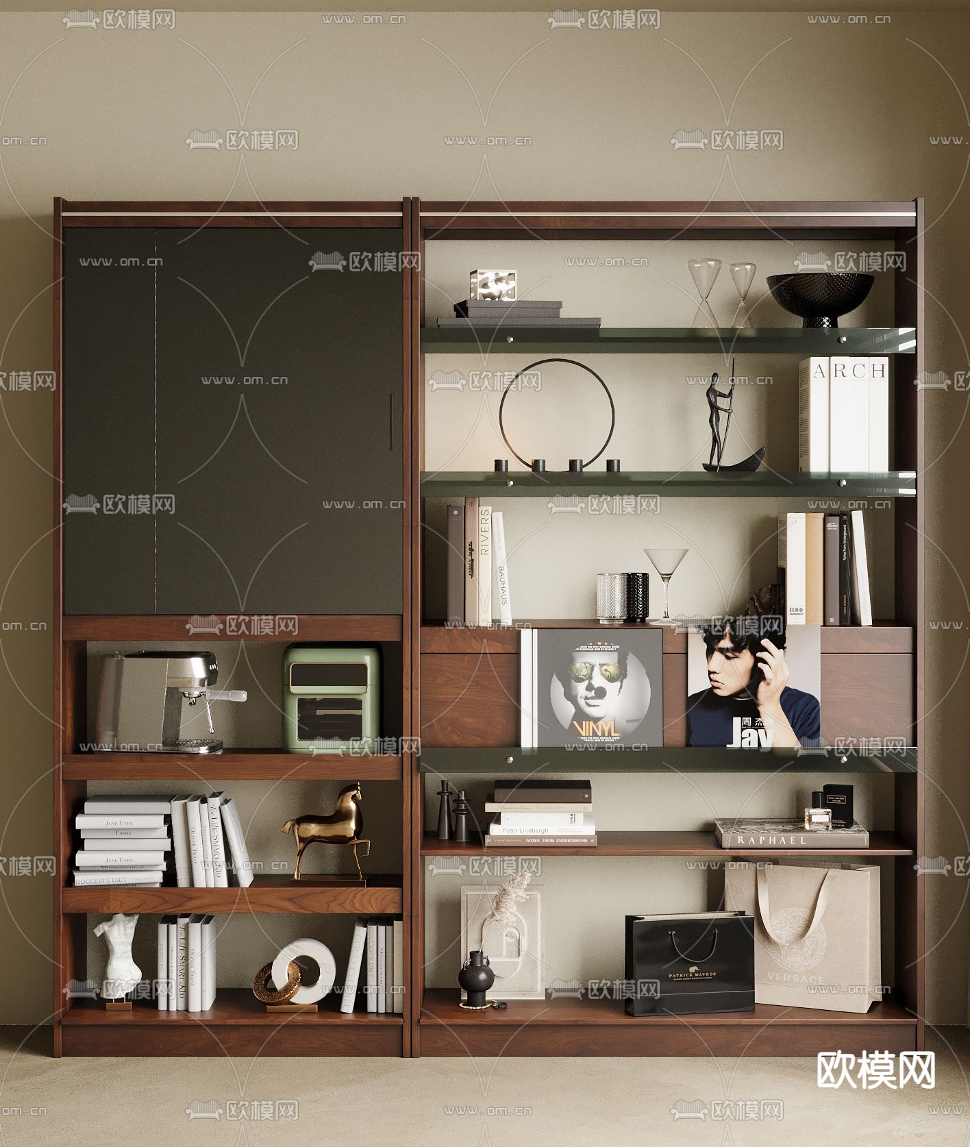 现代胡桃木书柜 书架su模型下载（渲染图5）