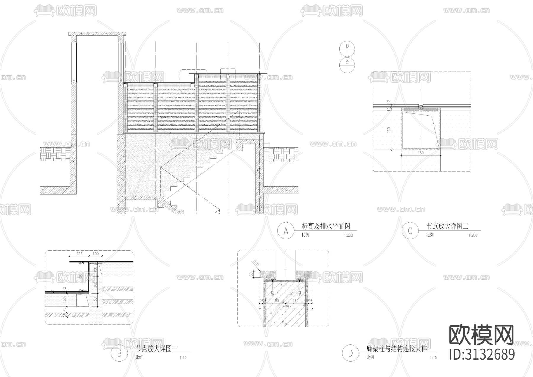 人防出入口廊架cad大样图下载（渲染图1）
