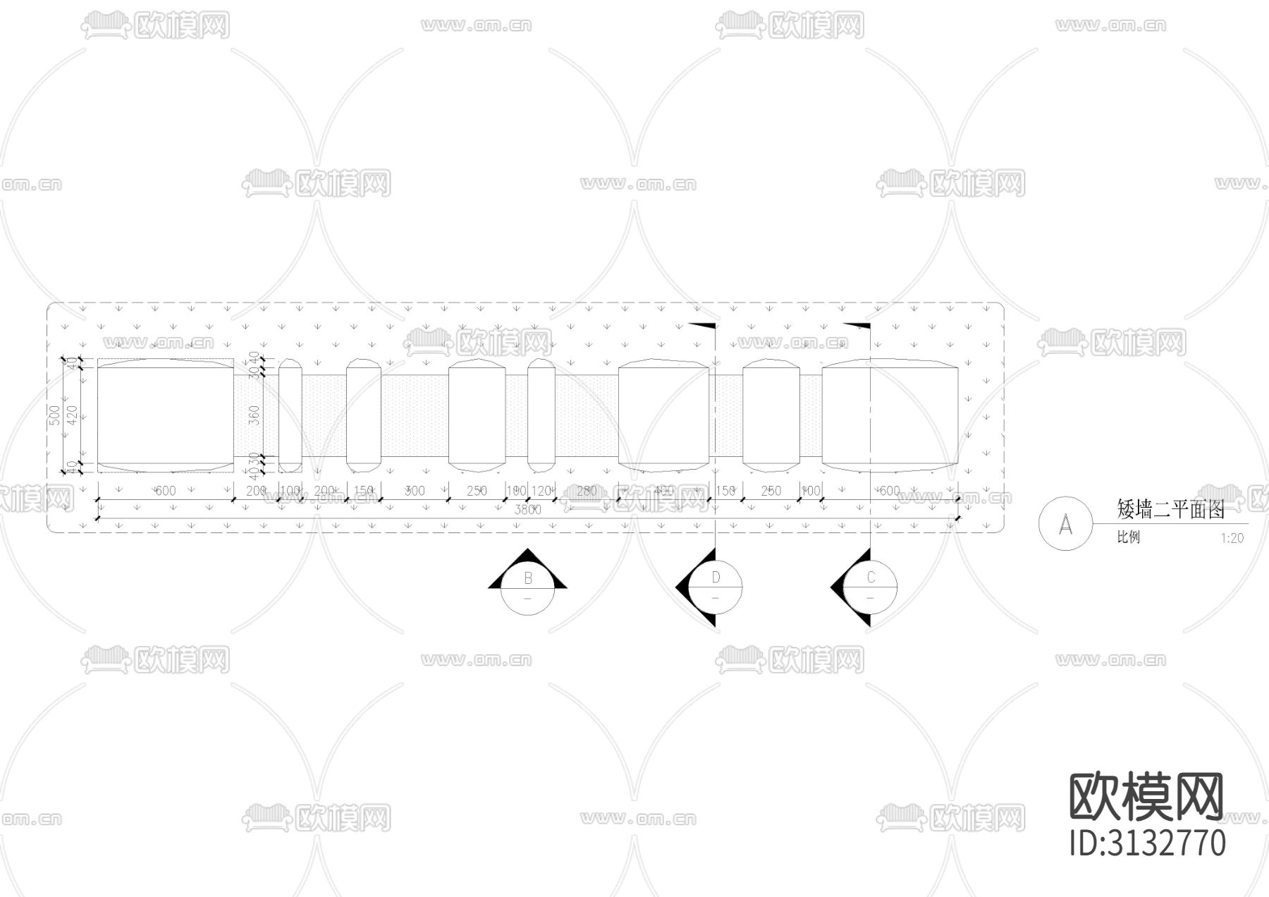 2024条石 矮墙 景墙cad大样图下载（渲染图1）