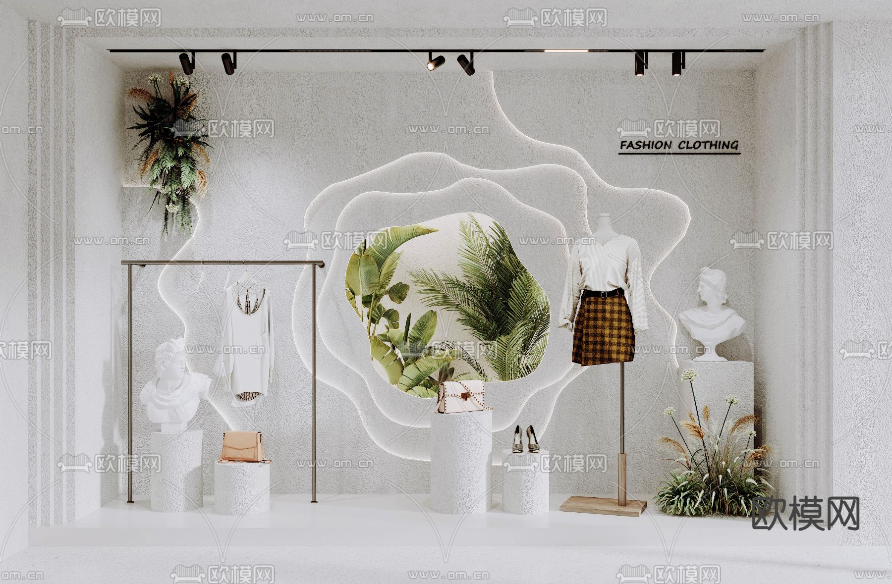 现代服装店橱窗 植物背景墙 服装货架su模型下载（渲染图2）