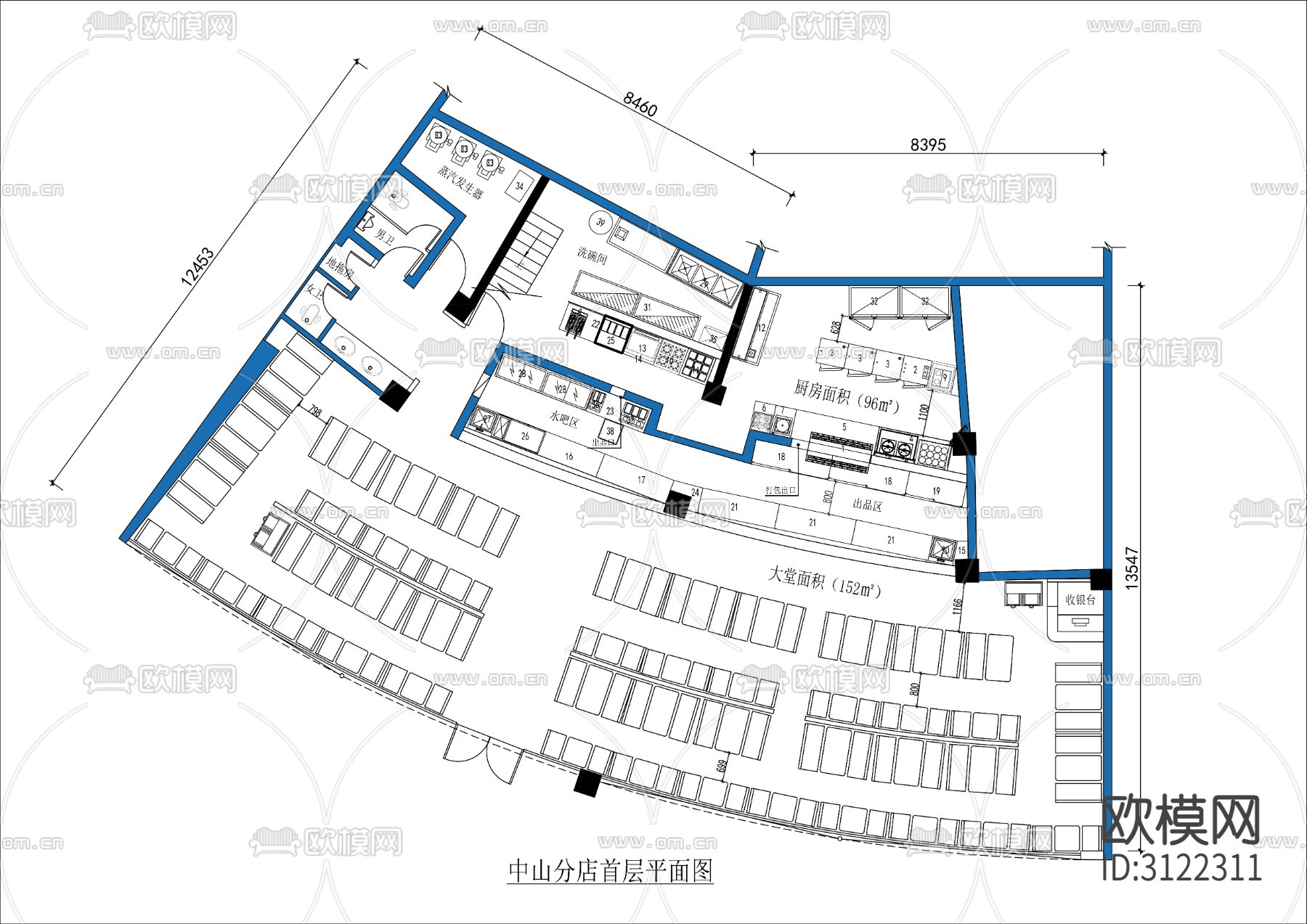自助餐厅 餐厅cad平面图下载（渲染图1）