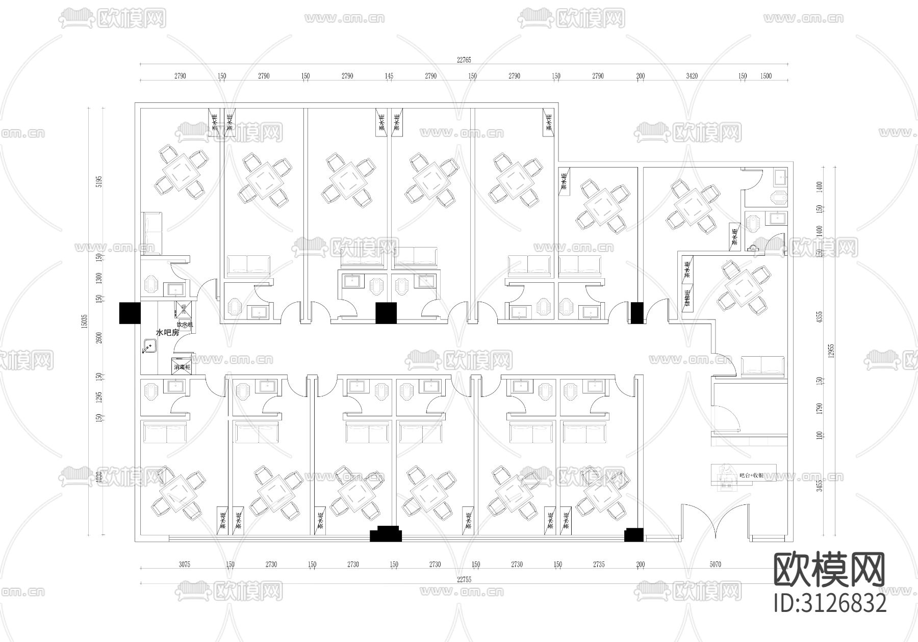 麻将馆 棋牌室cad平面图下载（渲染图2）