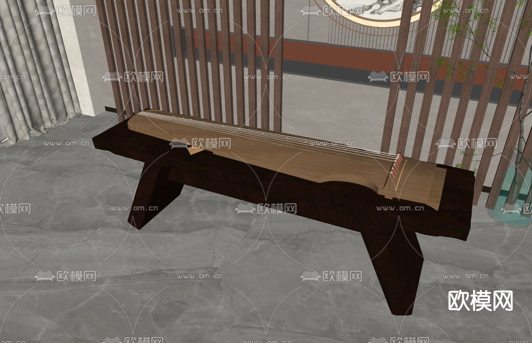 新中式古筝su模型下载（渲染图1）
