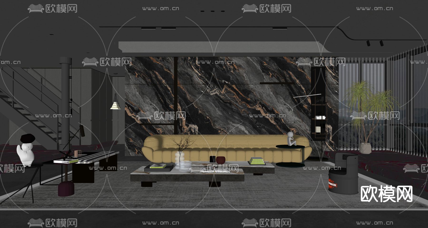 暗黑风客厅su模型下载（渲染图1）