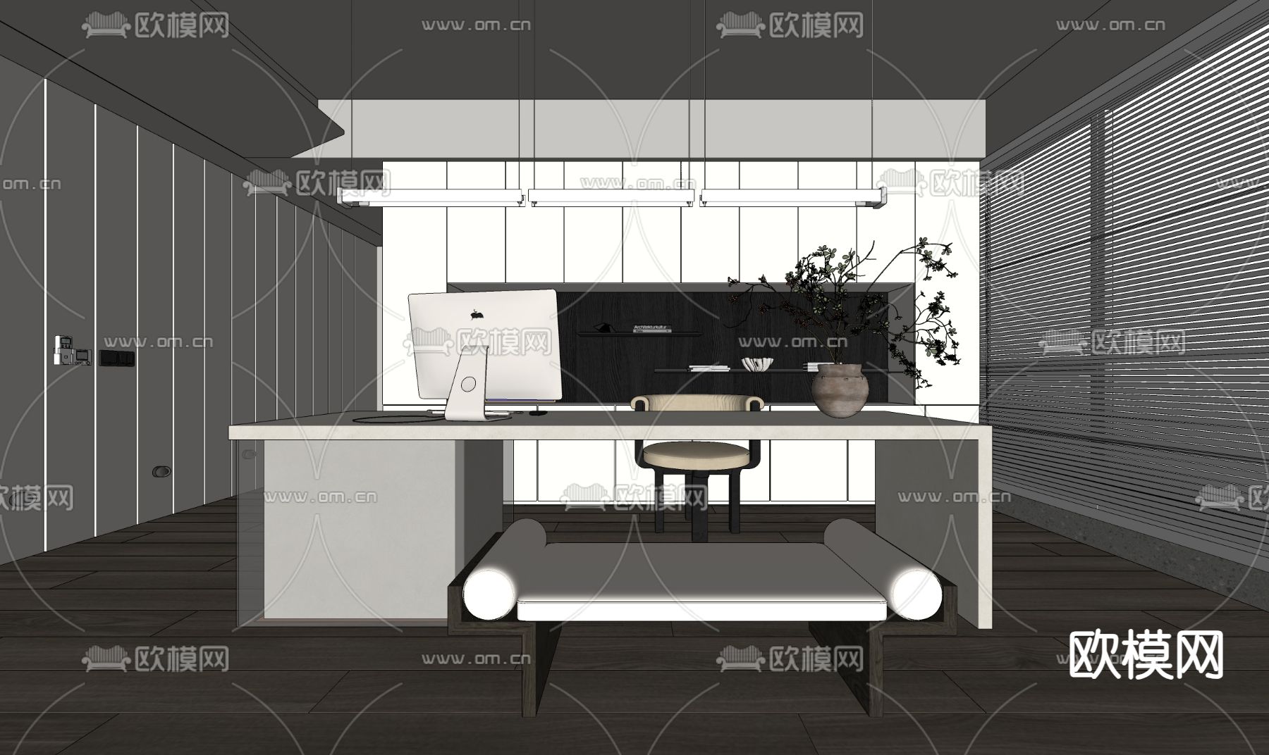 现代书房su模型下载（渲染图1）