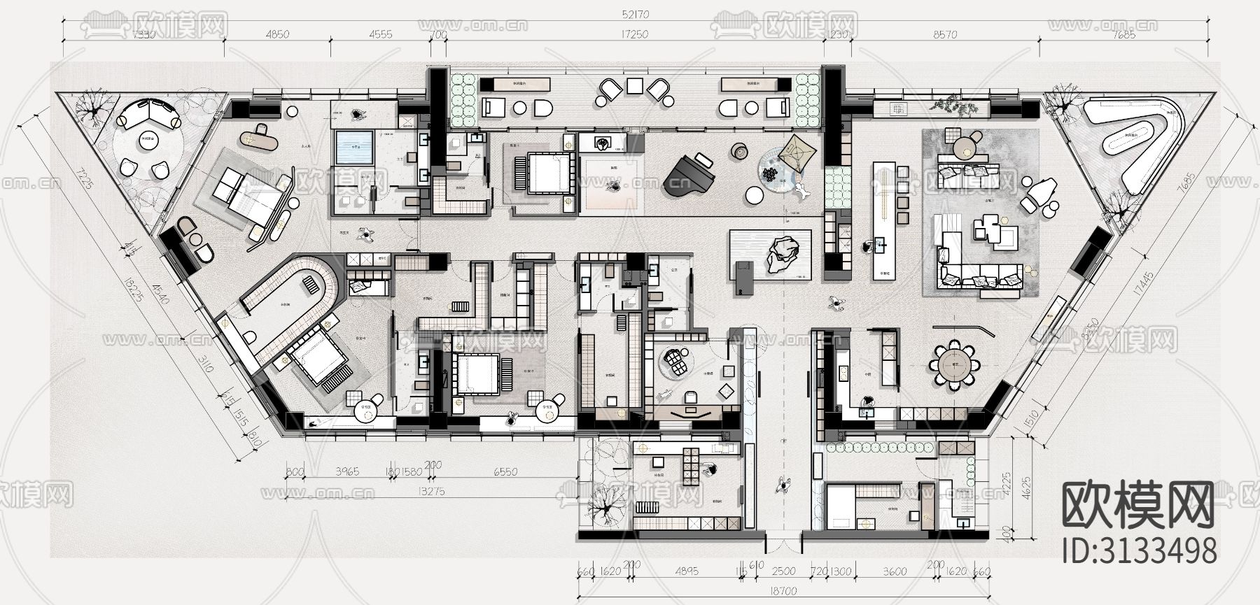 730㎡豪宅天花板大平层cad平面图下载