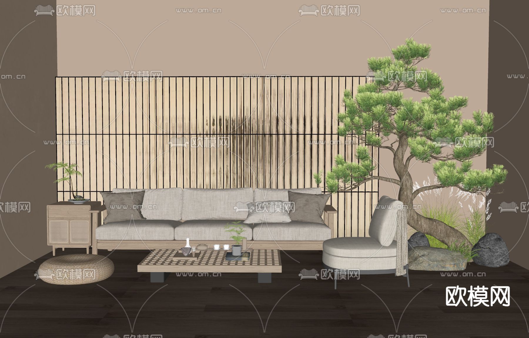 日式组合沙发su模型下载（渲染图1）