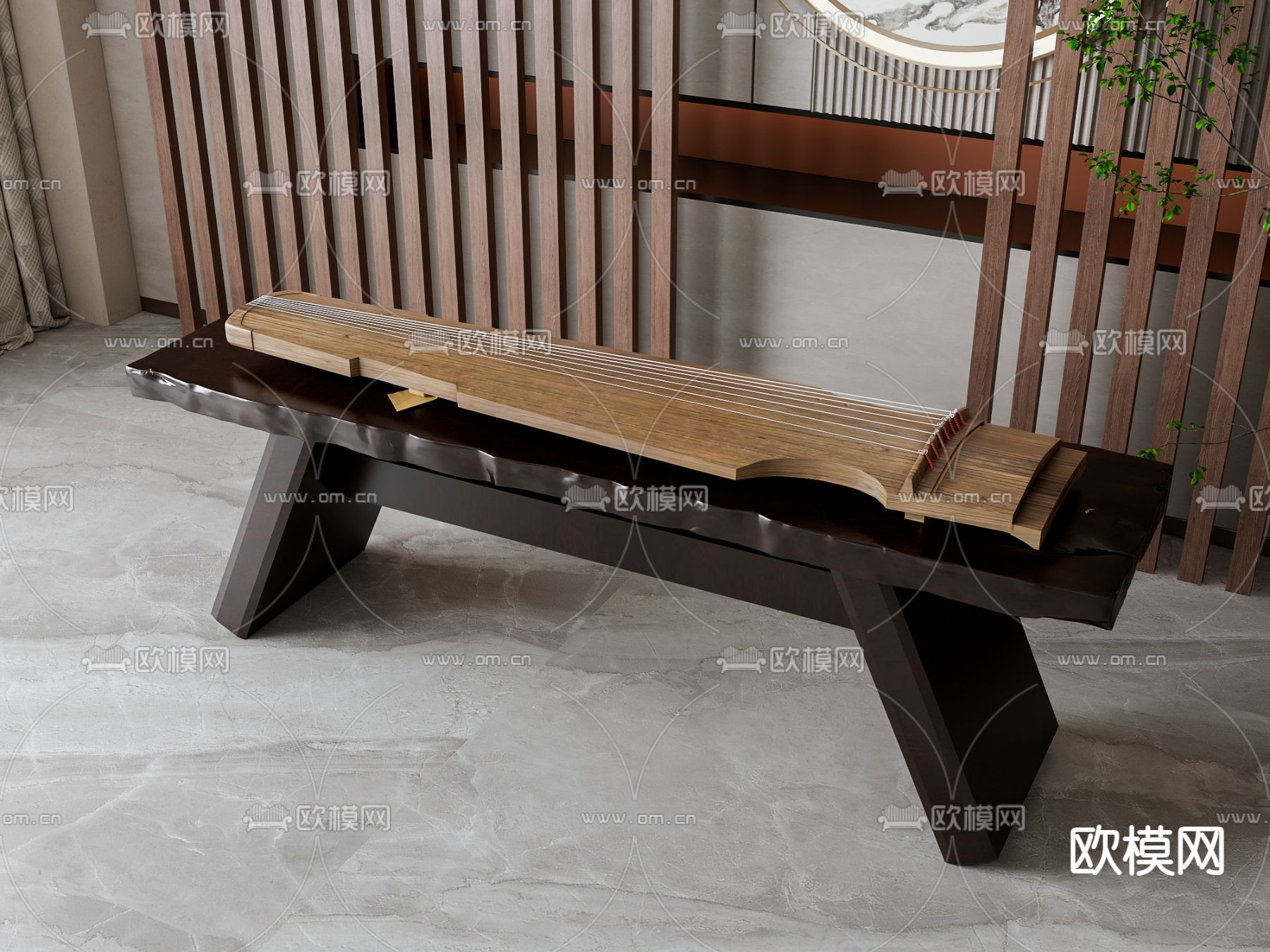 新中式古筝su模型下载（渲染图2）