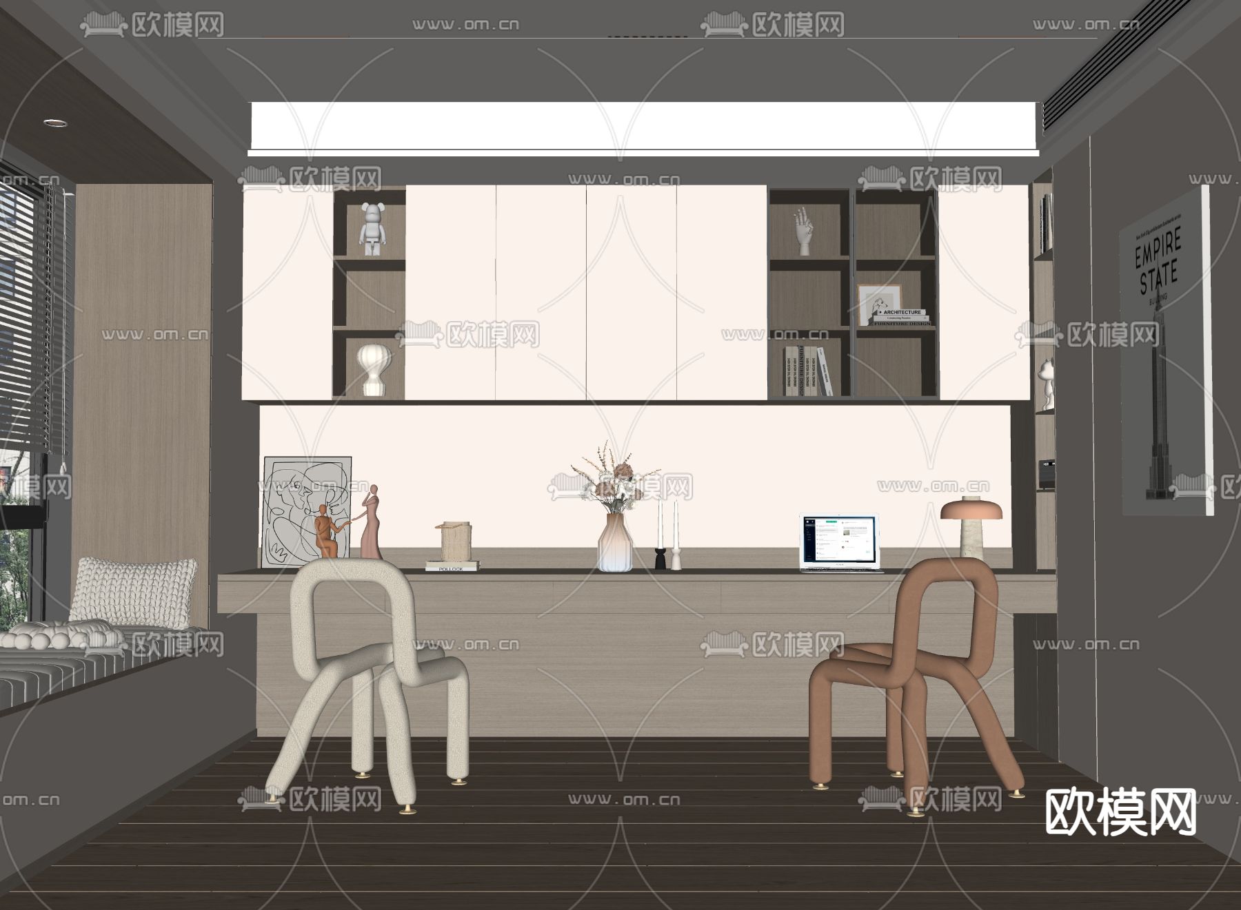奶油风书房su模型下载（渲染图1）