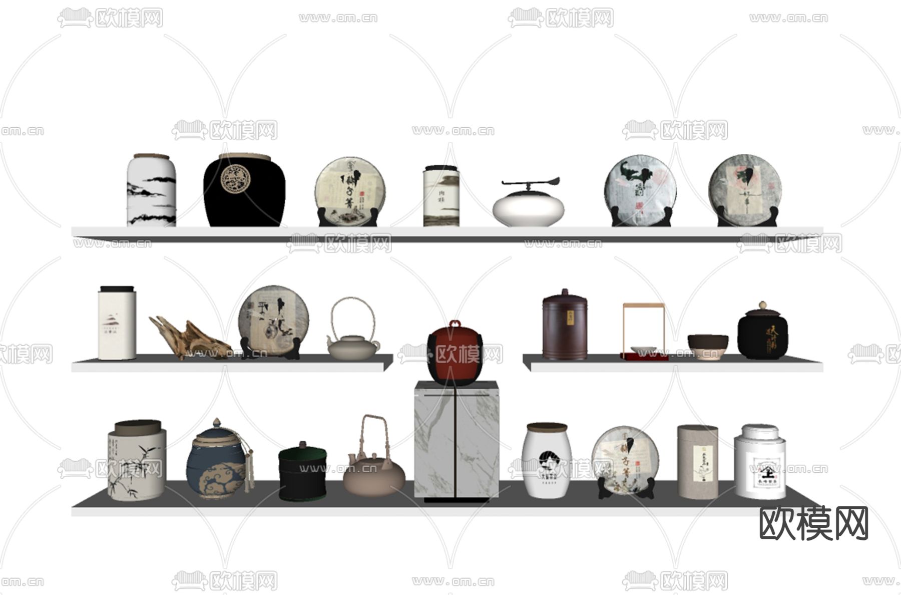 新中式茶叶罐 茶饼 茶壶 茶具su模型下载（渲染图1）