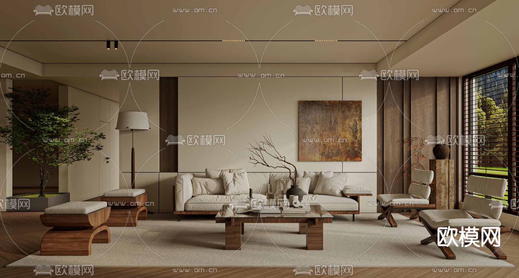 中古风客厅su模型下载（渲染图2）