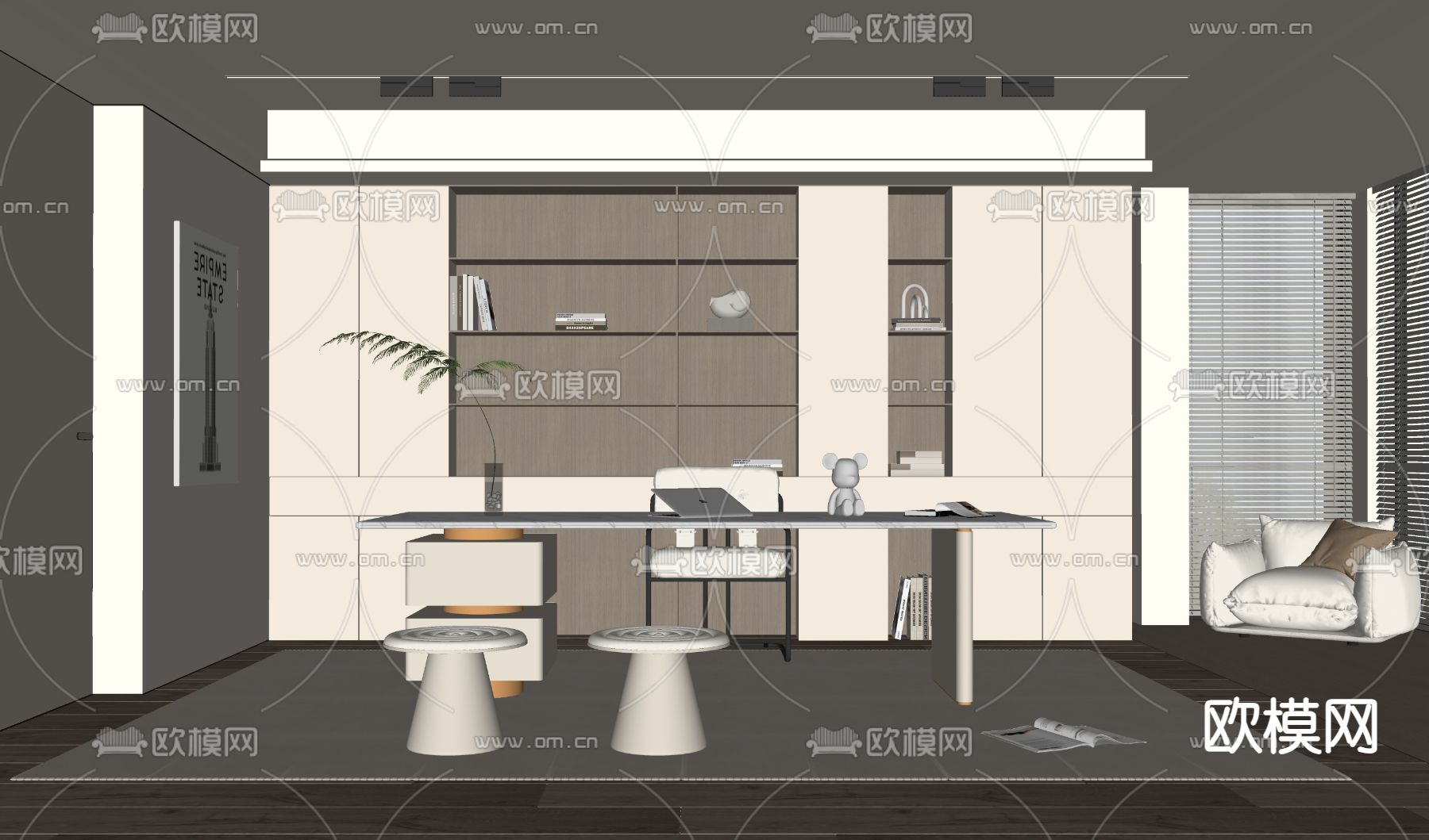 奶油风书房su模型下载（渲染图1）