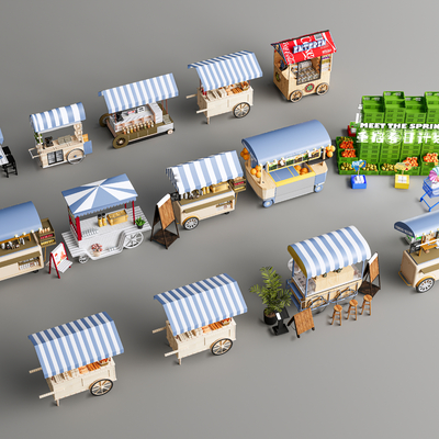  现代摊位 推车 售货摊 售货亭su模型 