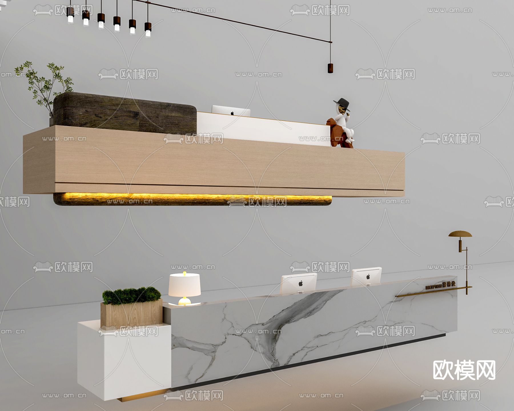 新中式接待台 服务台 前台3d模型下载