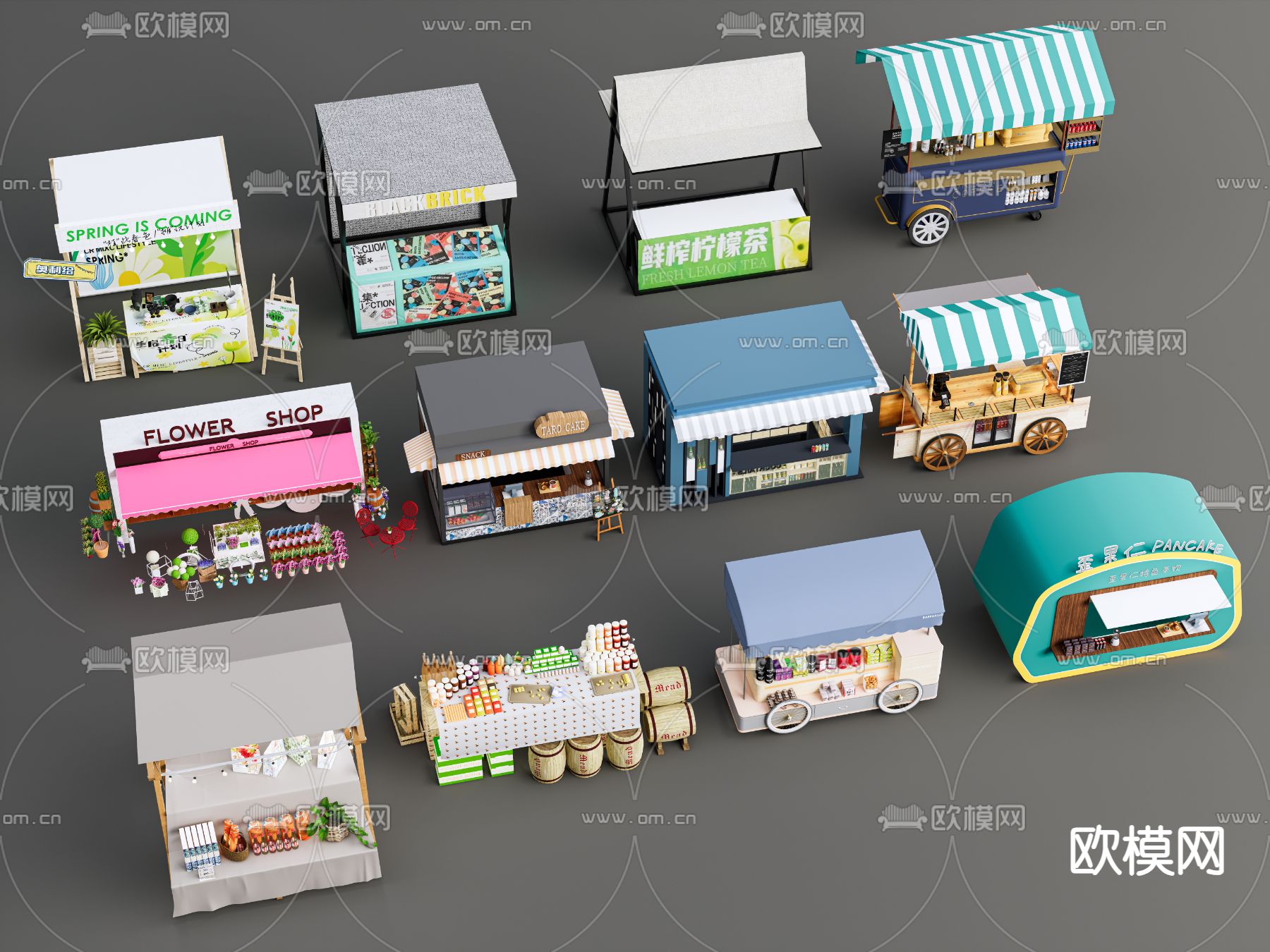 现代摊位 推车 售货摊 售货亭su模型下载（渲染图2）