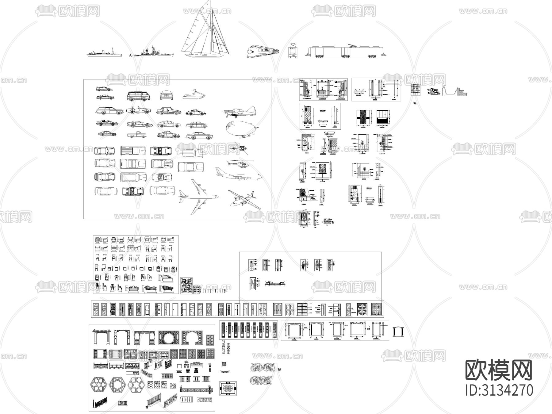 中式构件 经典元素集合cad图库下载（渲染图3）