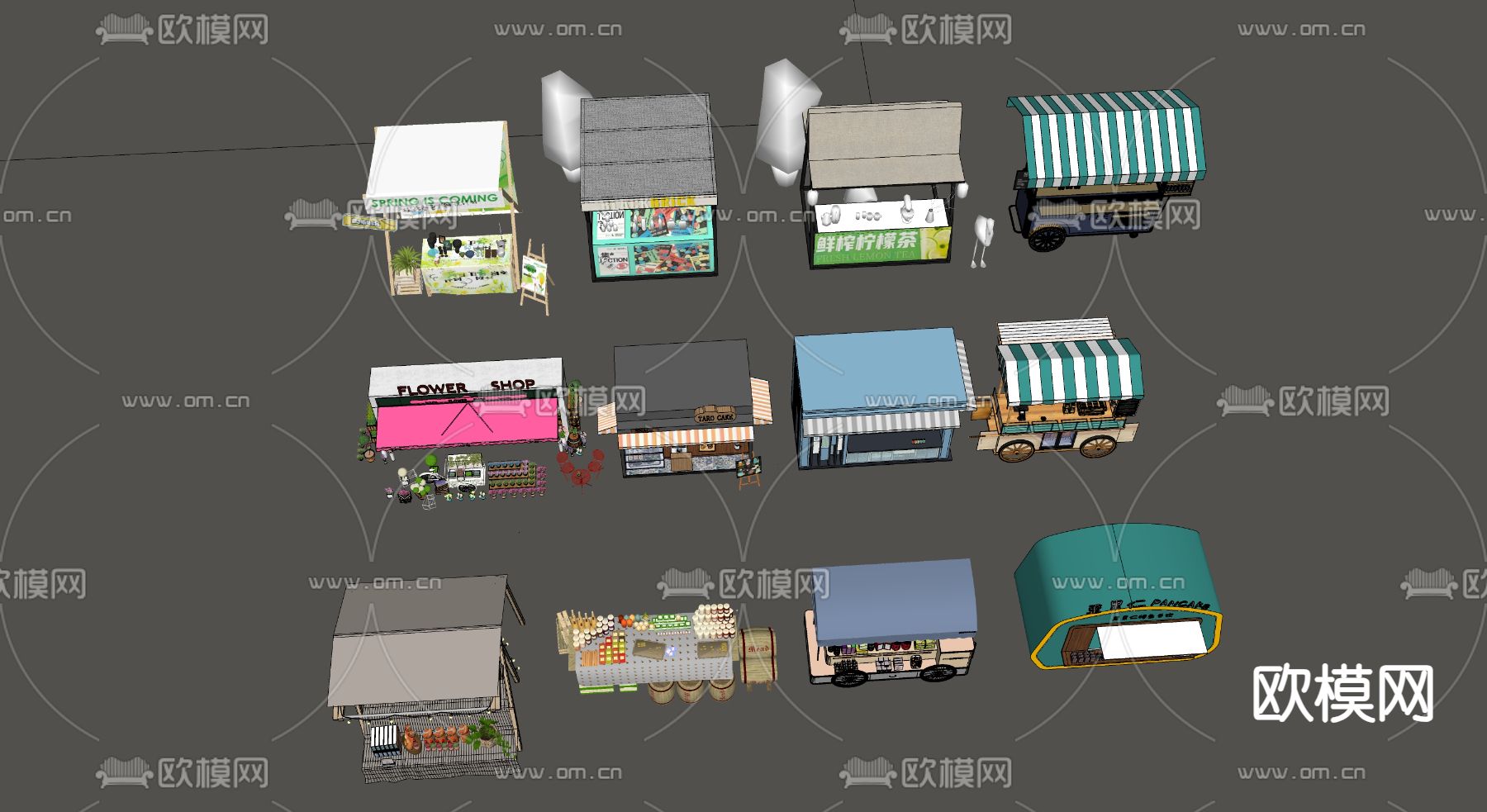 现代摊位 推车 售货摊 售货亭su模型下载（渲染图1）