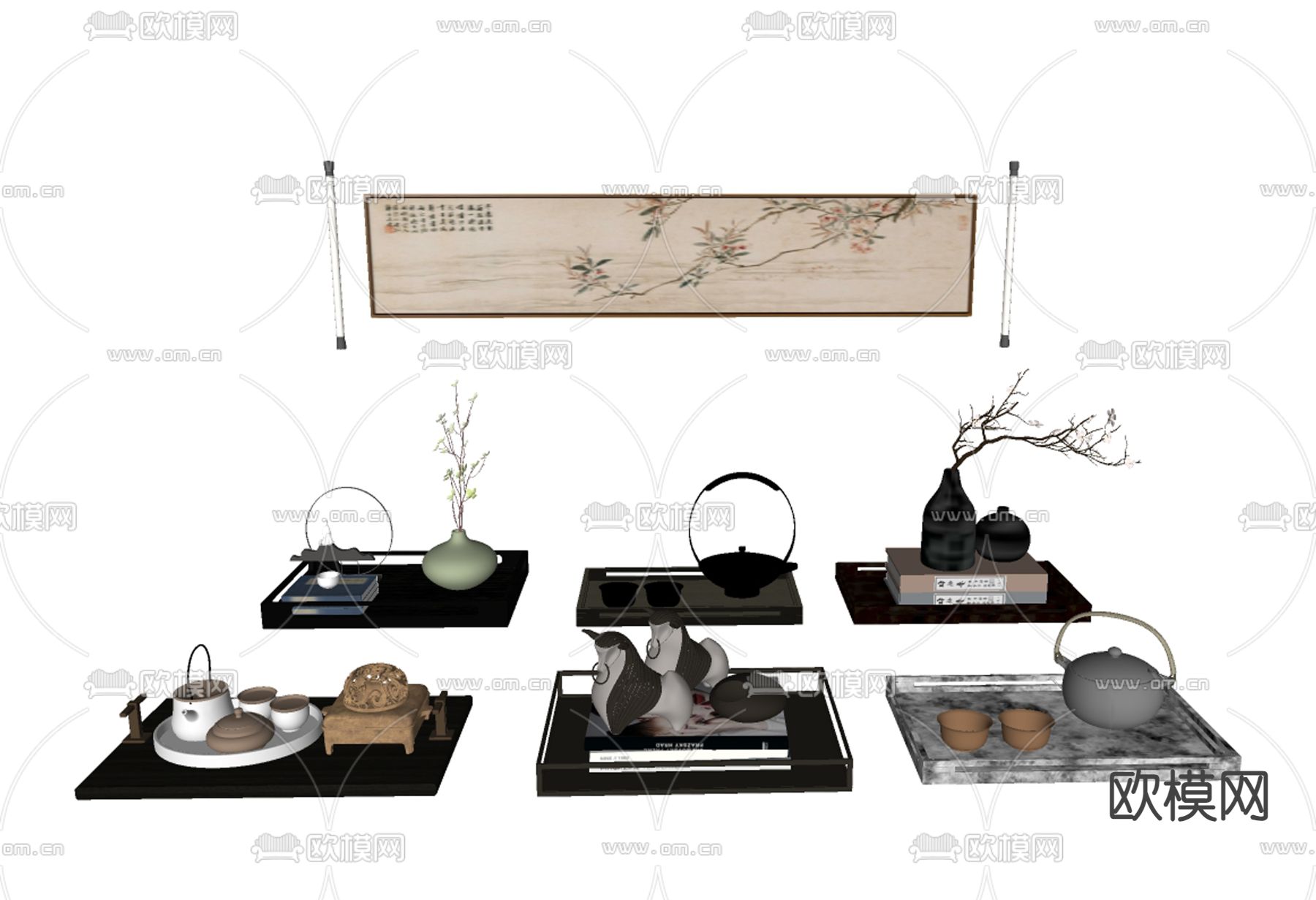 新中式茶具托盘su模型下载（渲染图1）