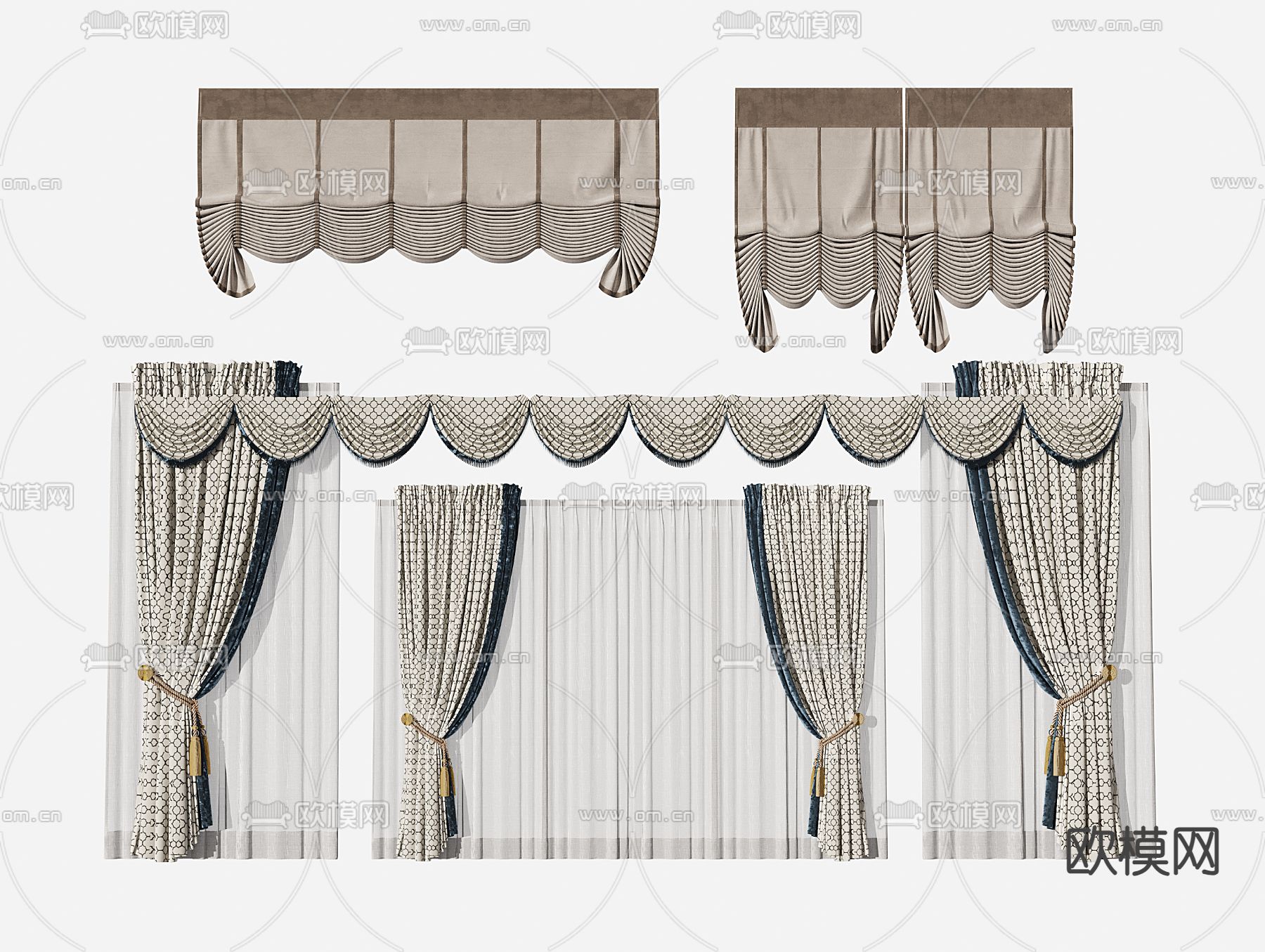 美式窗帘 窗纱 罗马帘3d模型下载