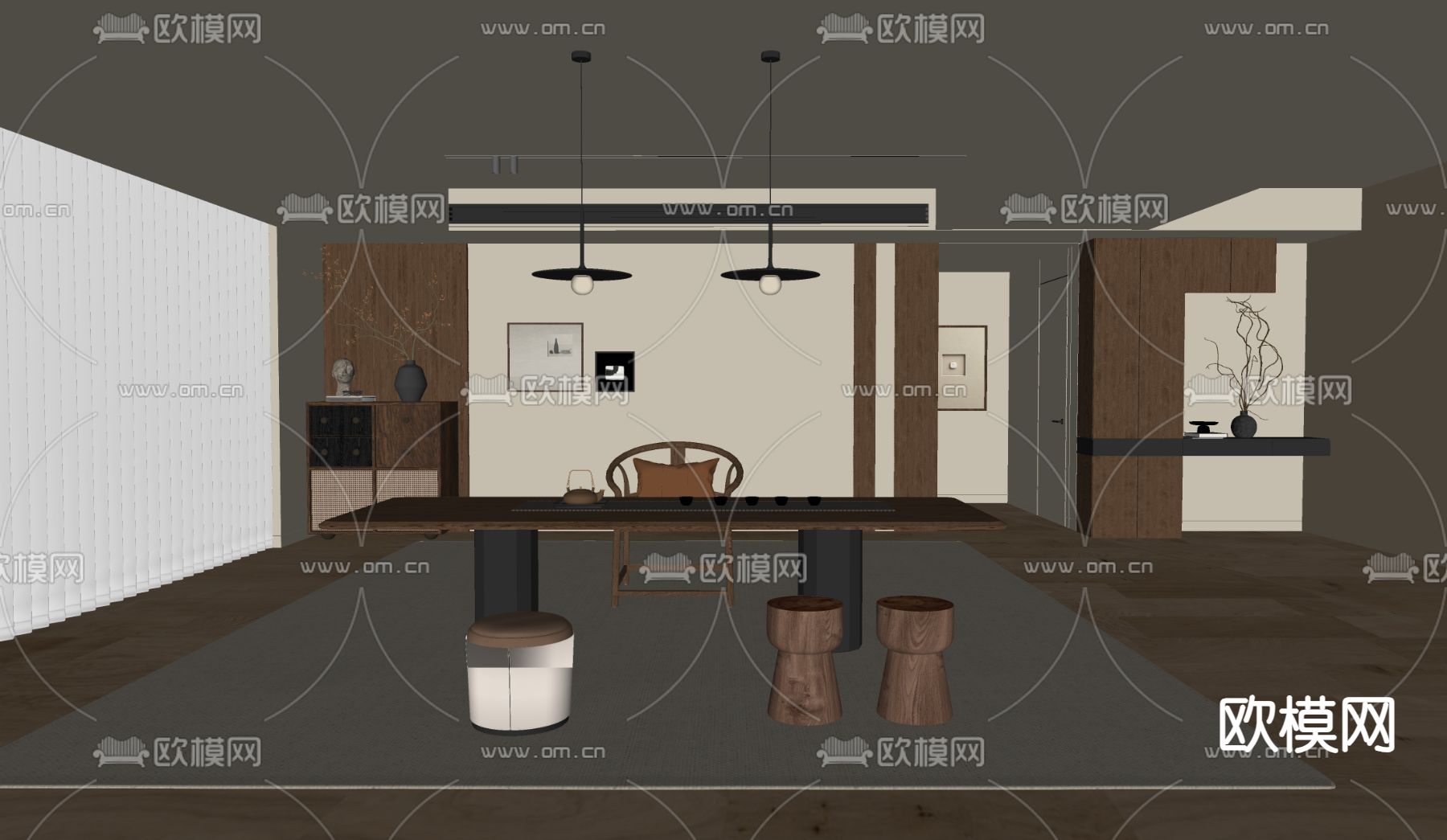 中古风书房su模型下载（渲染图1）