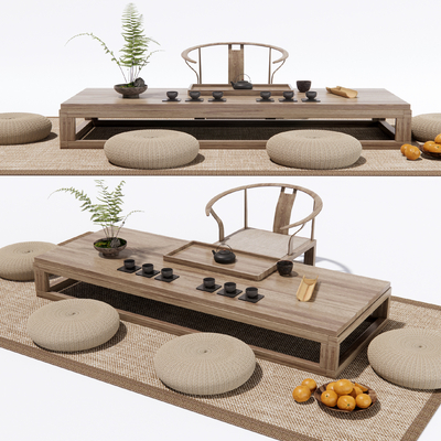 新中式榻榻米茶桌椅su模型