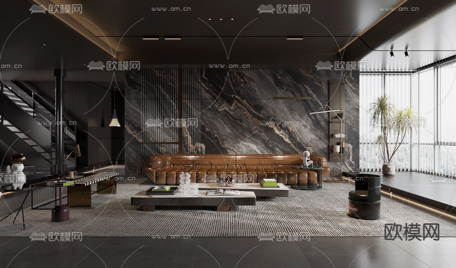 暗黑风客厅su模型下载（渲染图2）