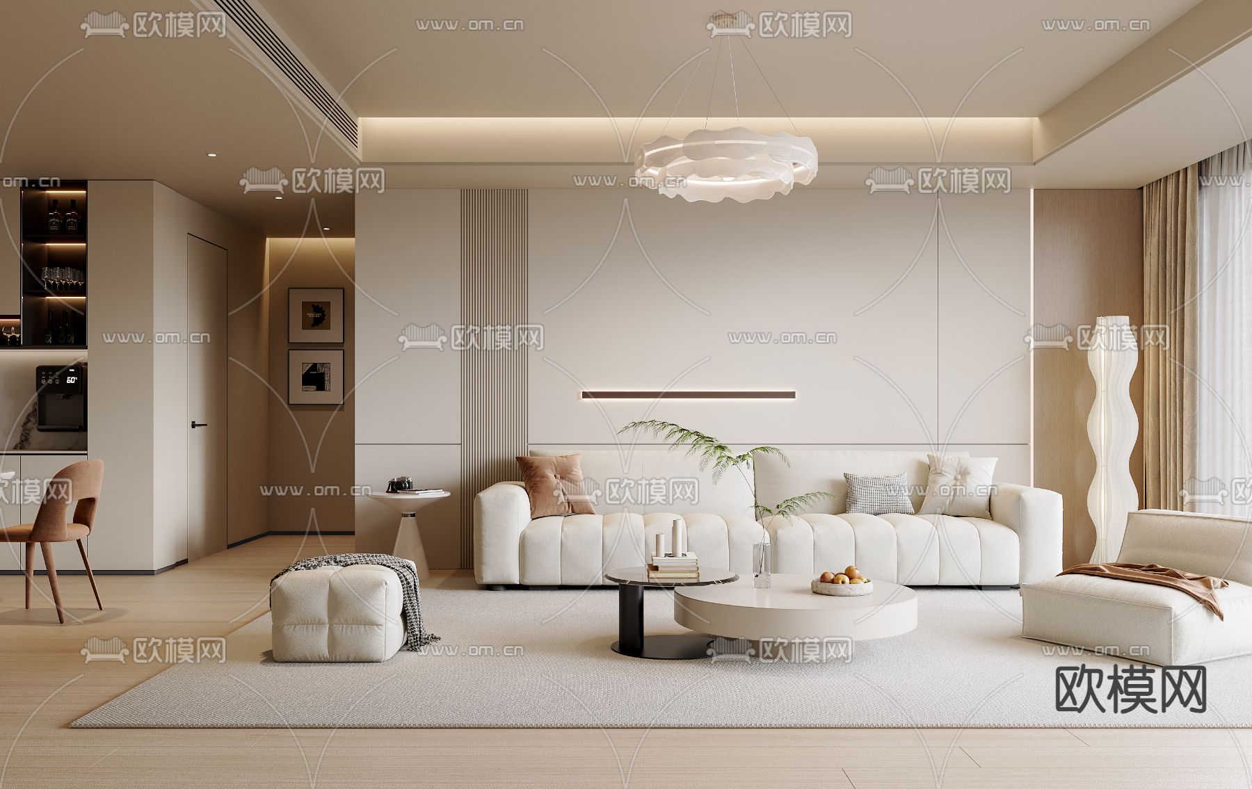 奶油风客厅3d模型下载