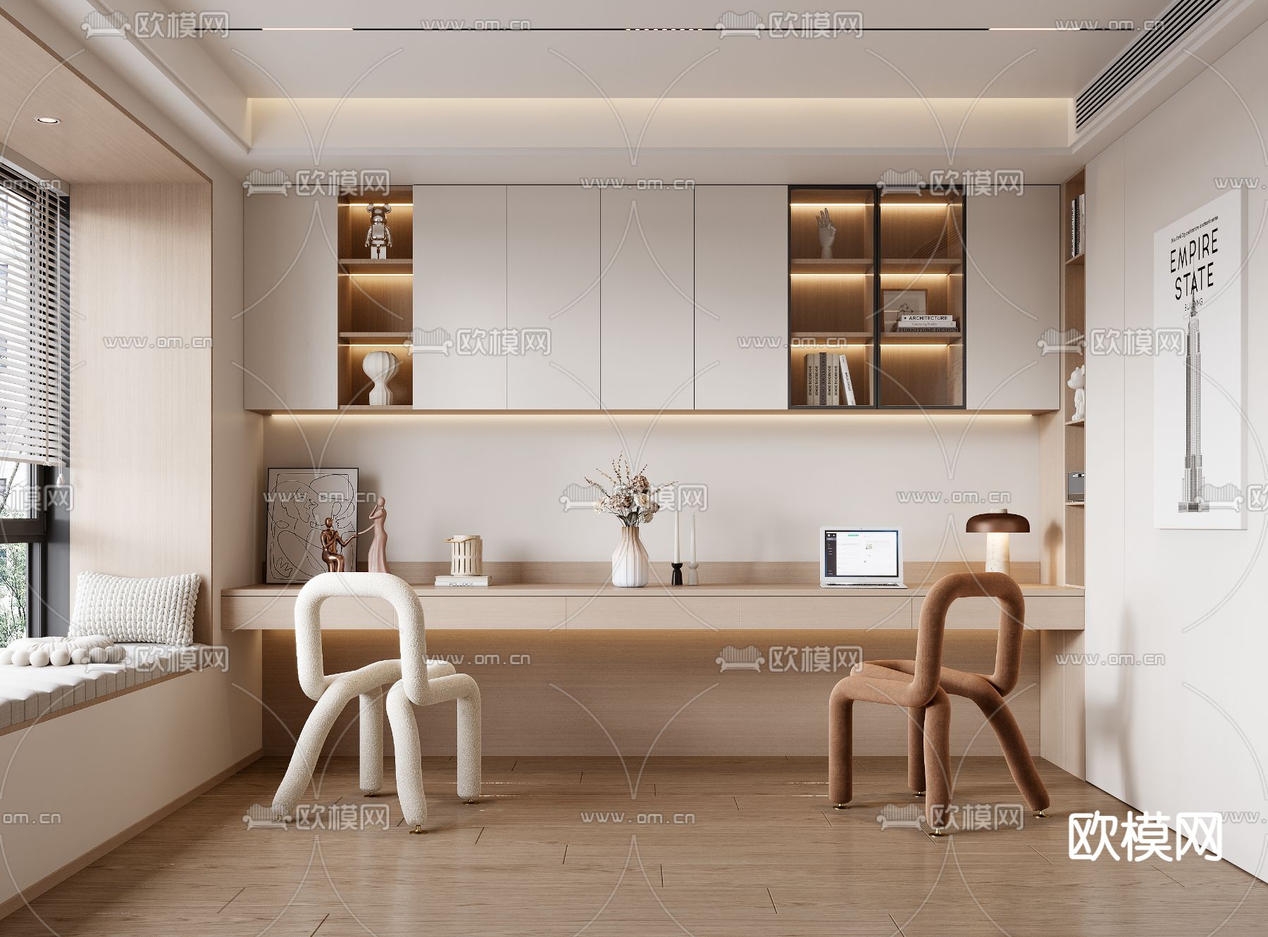 奶油风书房su模型下载（渲染图2）