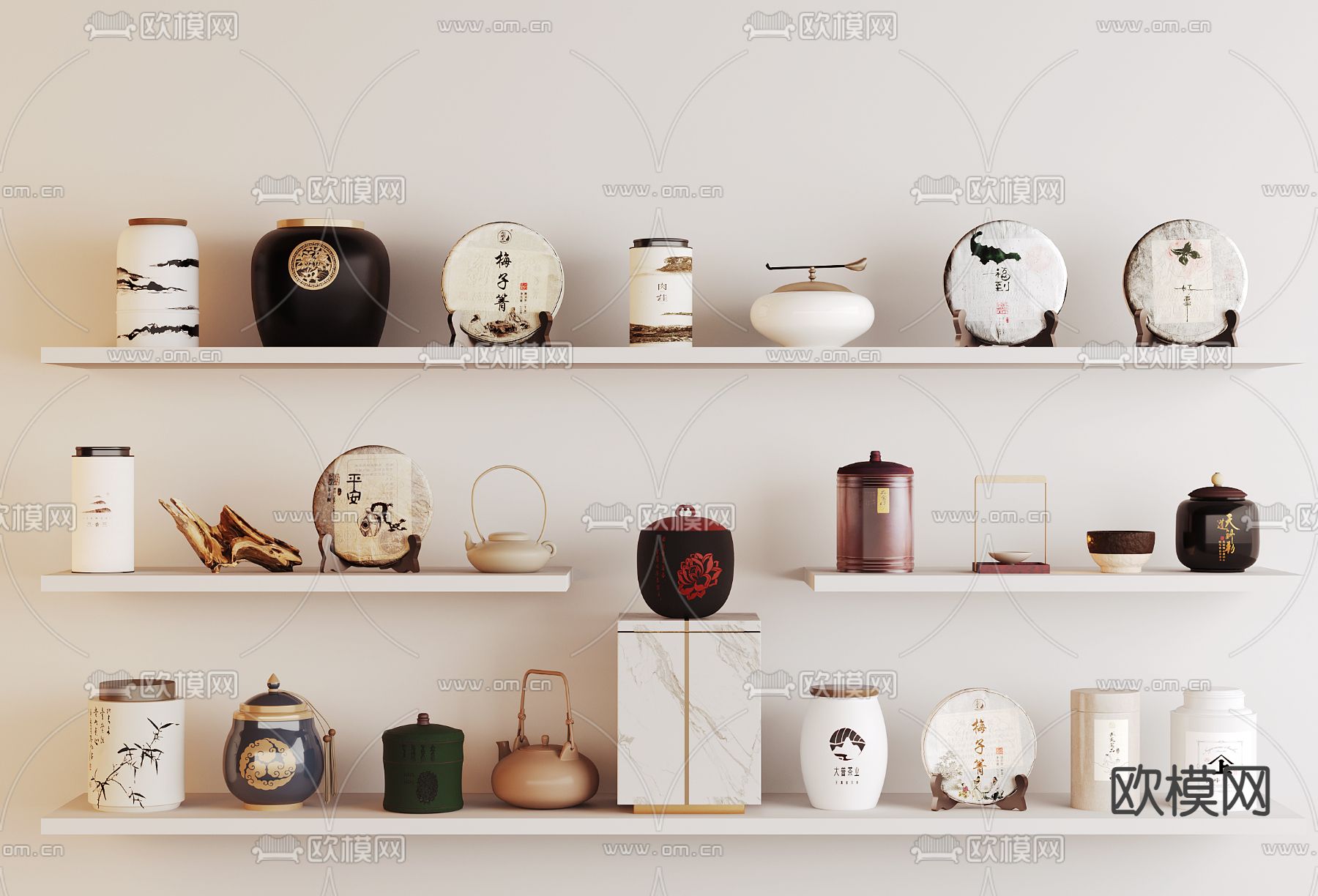 新中式茶叶罐 茶饼 茶壶 茶具su模型下载（渲染图2）