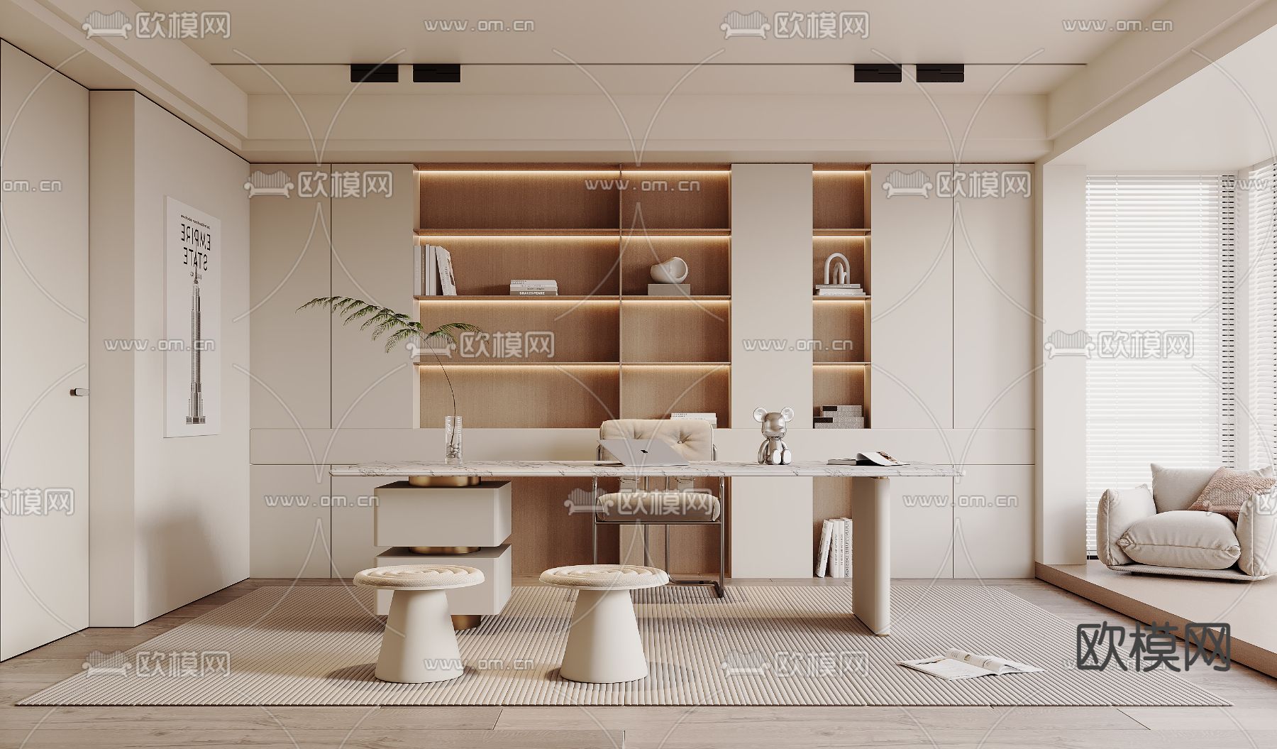奶油风书房su模型下载（渲染图2）
