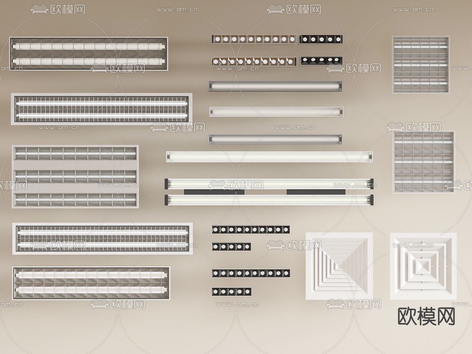 现代格栅灯 灯管su模型下载