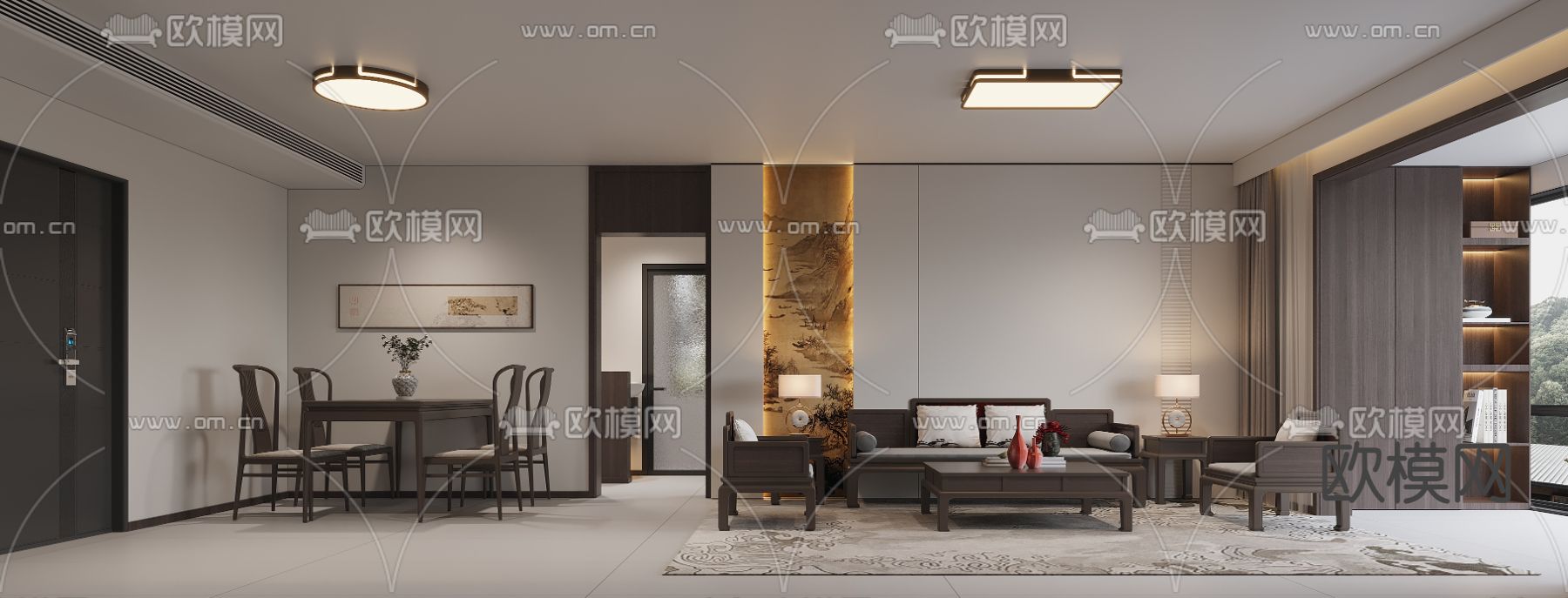 中式客餐厅3d模型下载（渲染图1）
