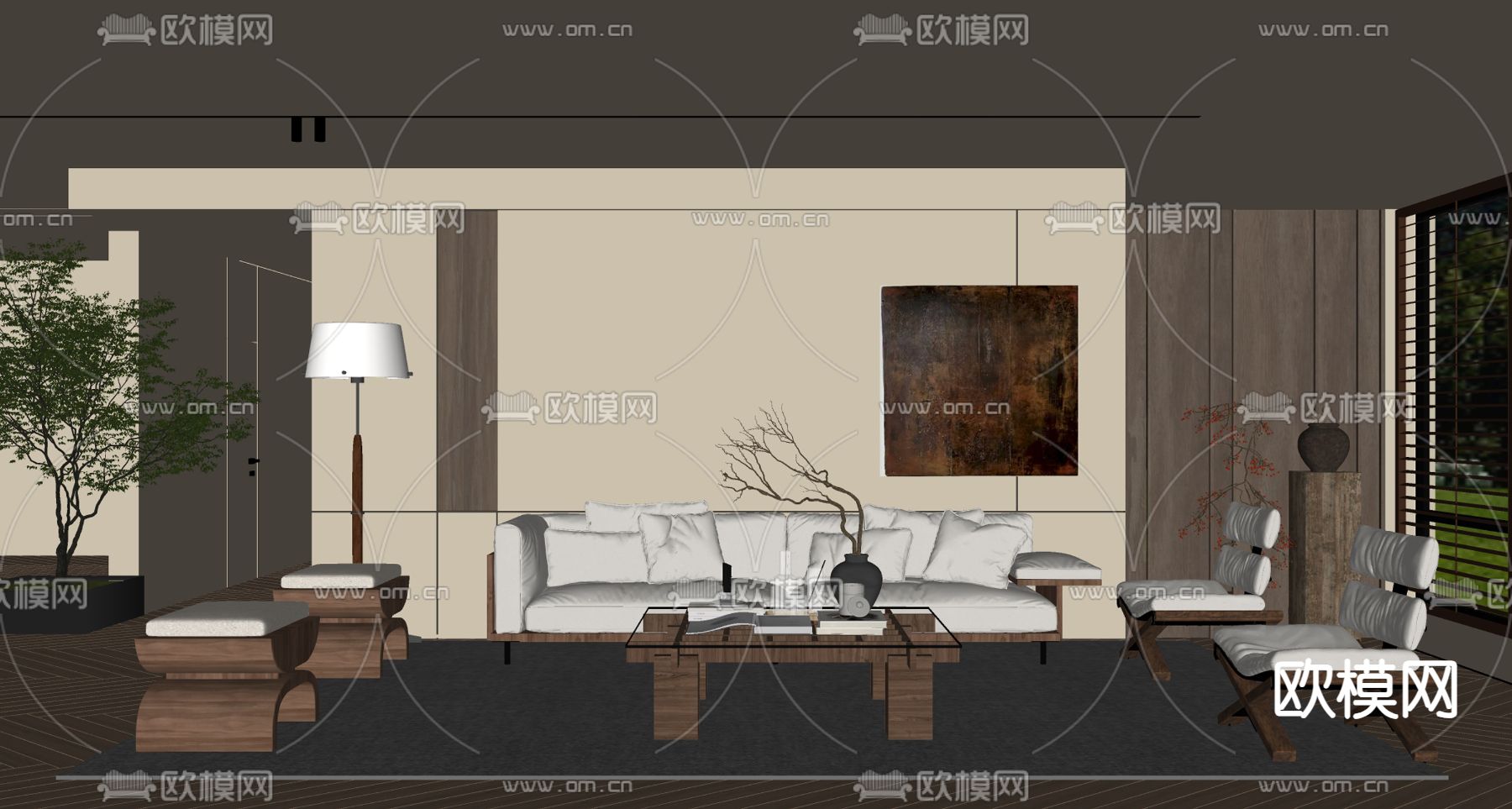 中古风客厅su模型下载（渲染图1）