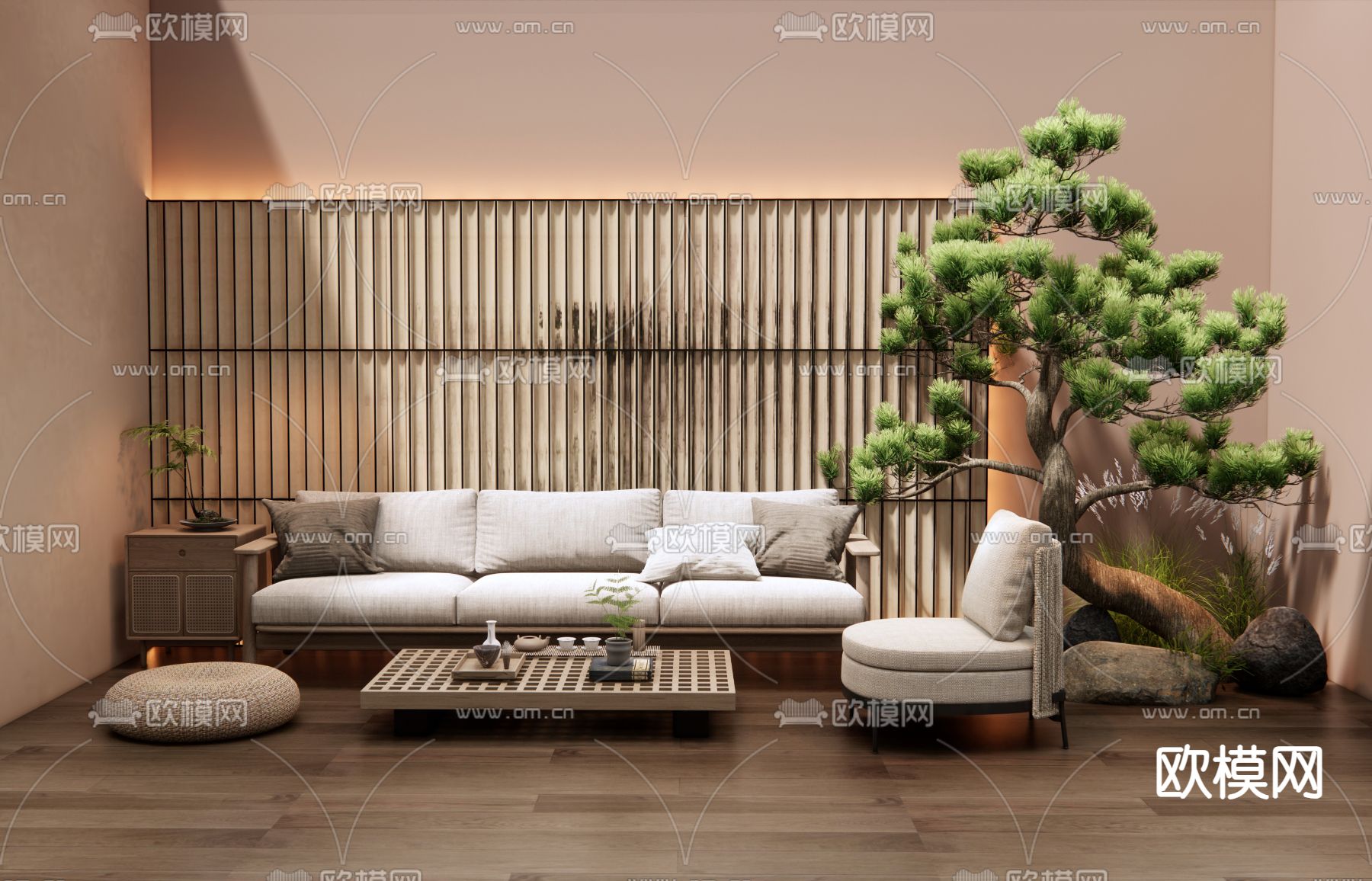 日式组合沙发su模型下载（渲染图2）