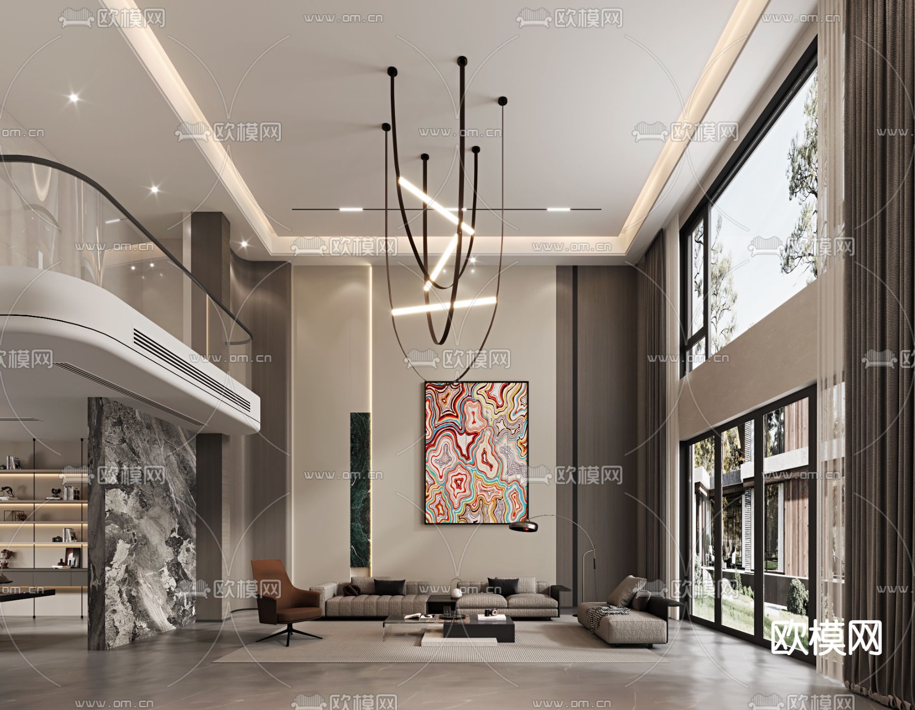 别墅客厅 别墅中空3d模型下载（渲染图2）