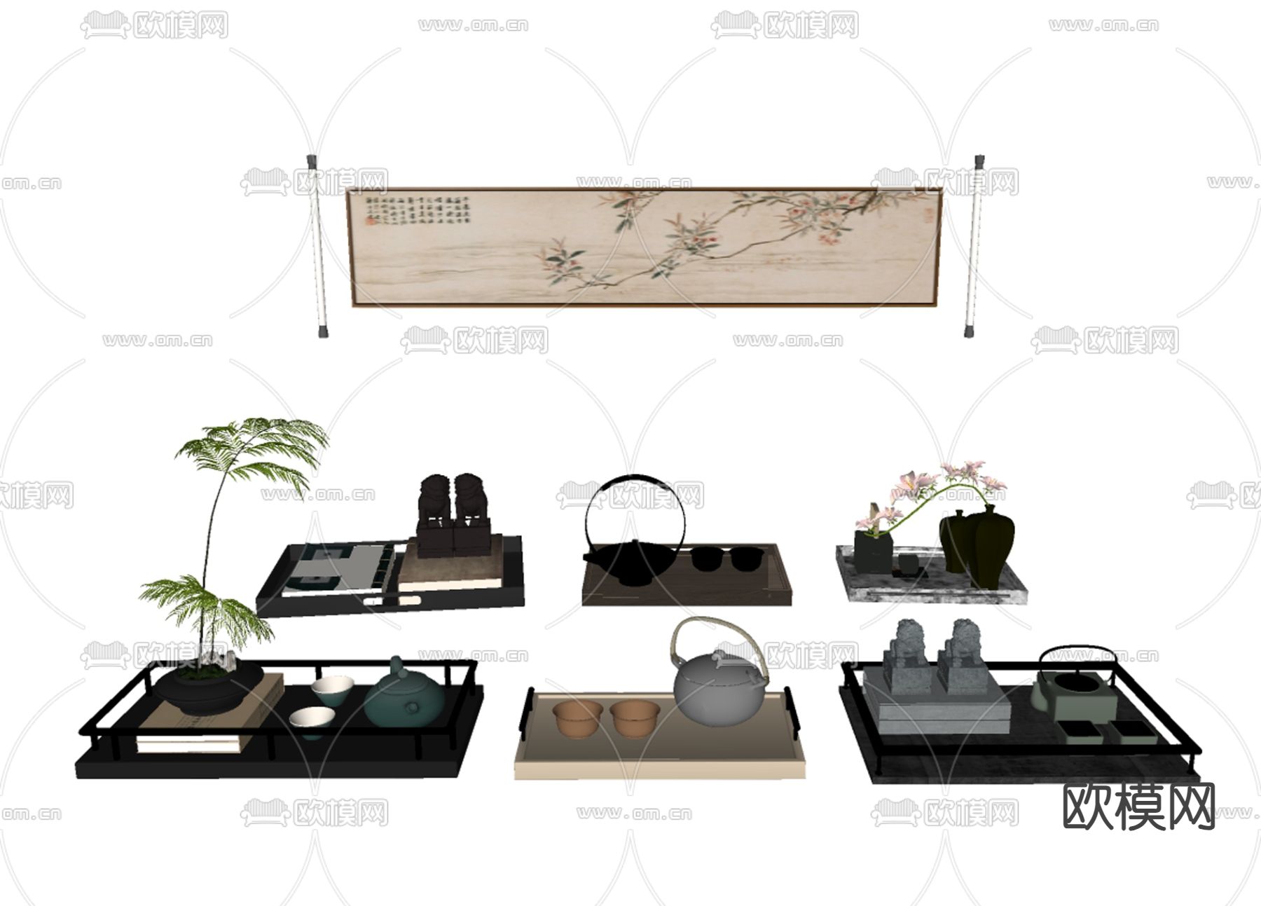 新中式茶具托盘su模型下载（渲染图1）