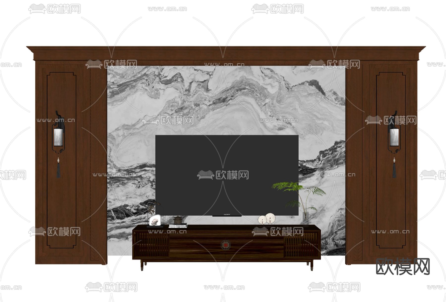 新中式电视背景墙su模型下载（渲染图1）