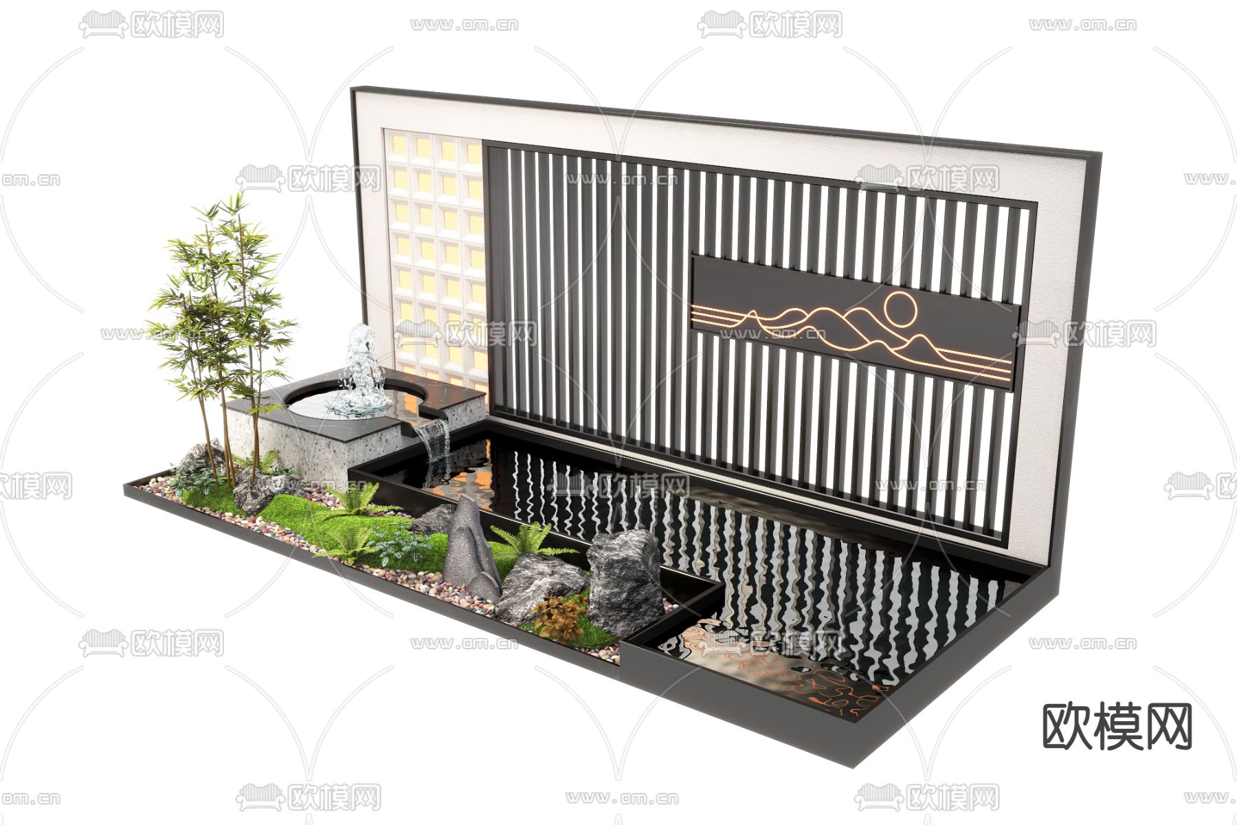 现代景墙 喷泉水池 跌水池小品3d模型下载