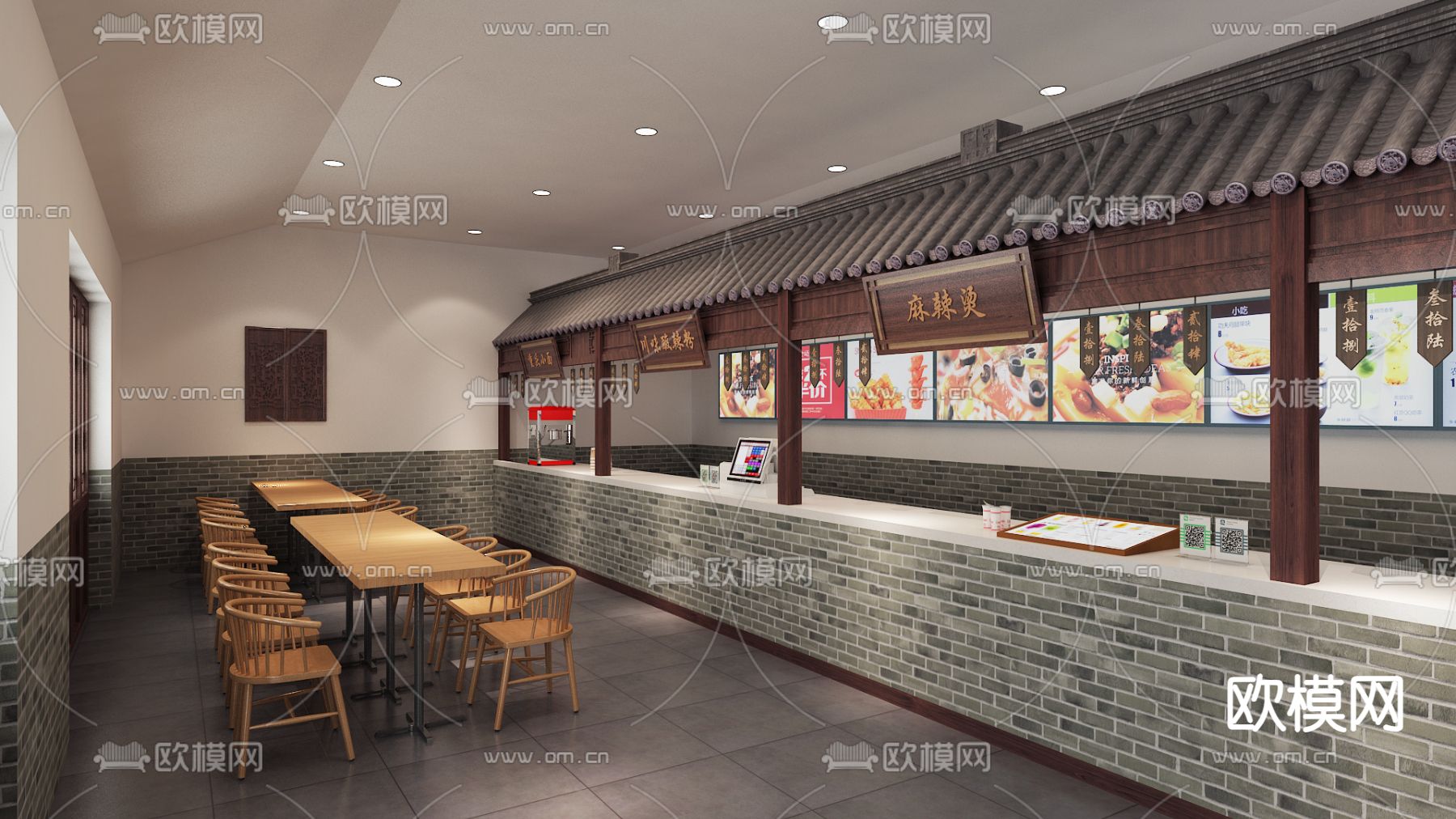 新中式快餐店 美食城档口3d模型下载（渲染图1）