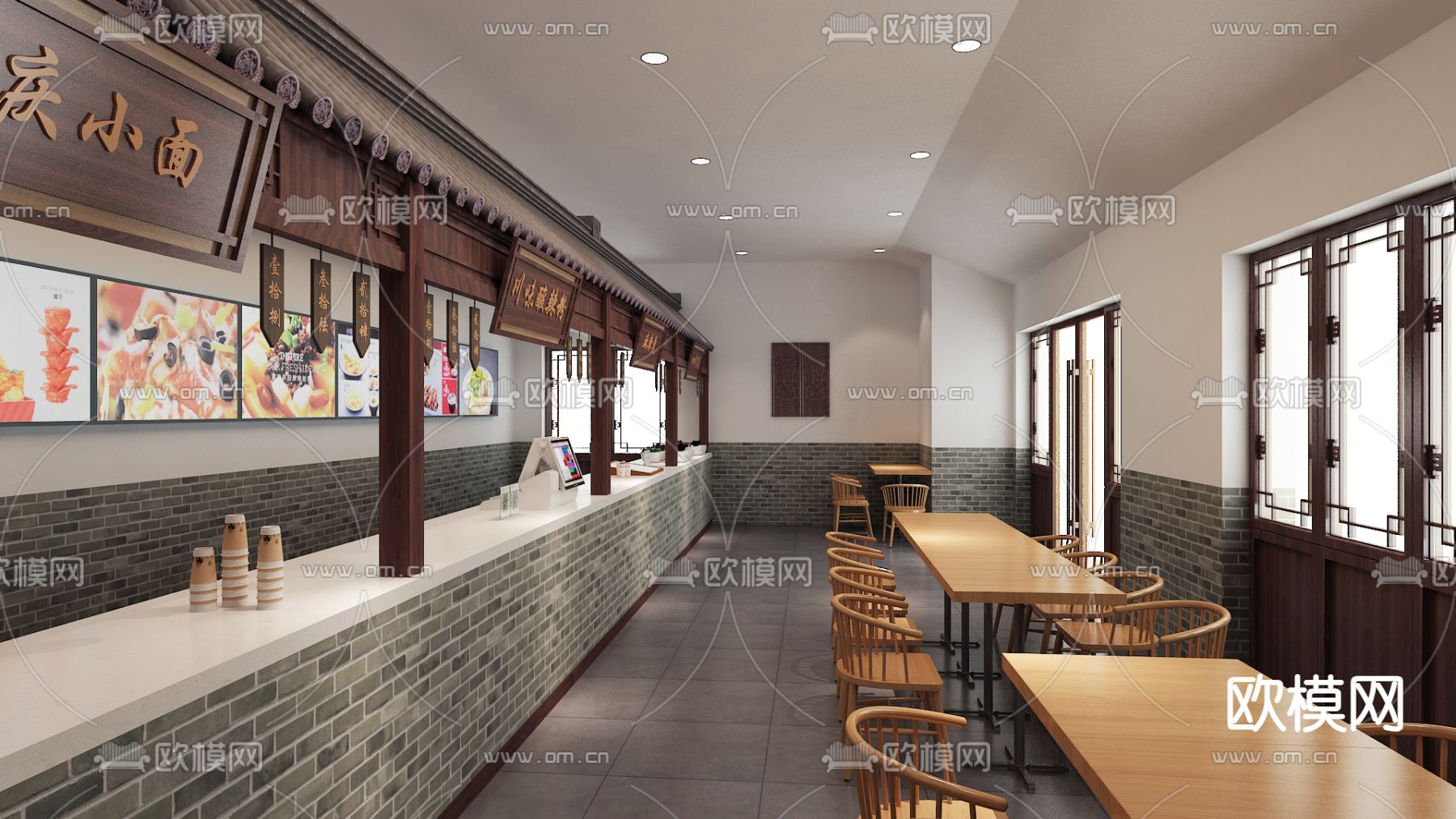 新中式快餐店 美食城档口3d模型下载（渲染图2）